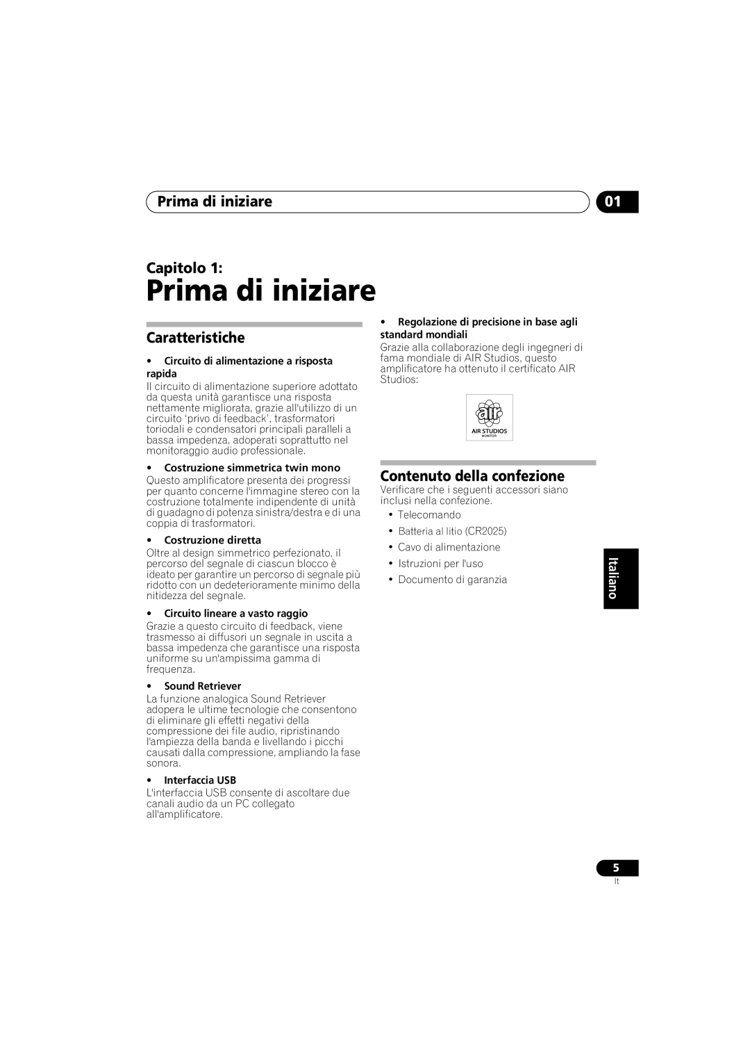 Pioneer A-A9-J manual Prima di iniziare Capitolo, Caratteristiche, Contenuto della confezione 