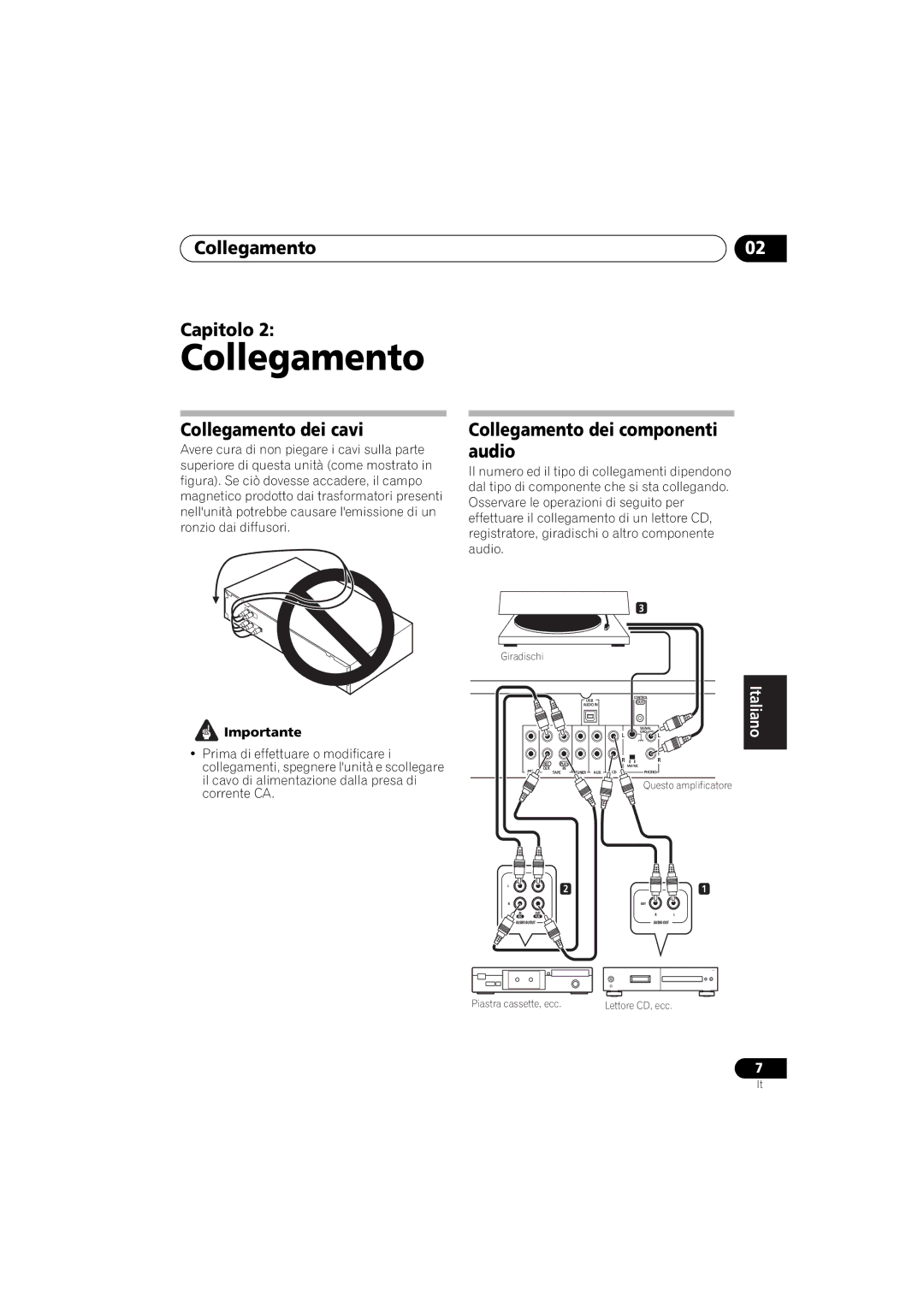 Pioneer A-A9-J manual Collegamento Capitolo, Collegamento dei cavi, Collegamento dei componenti, Importante 