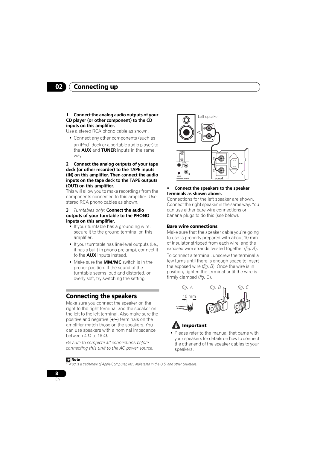 Pioneer A-A9-J manual Connecting up, Connecting the speakers, Bare wire connections 