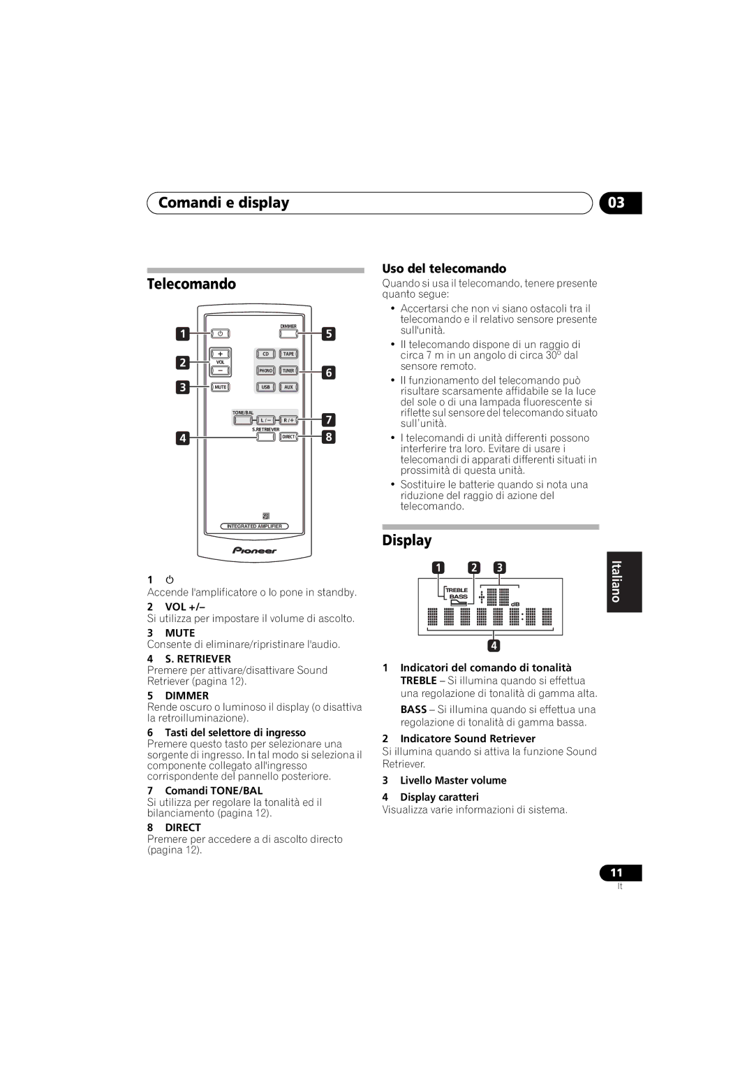 Pioneer A-A9-J manual Comandi e display Telecomando, Uso del telecomando, Indicatori del comando di tonalità 