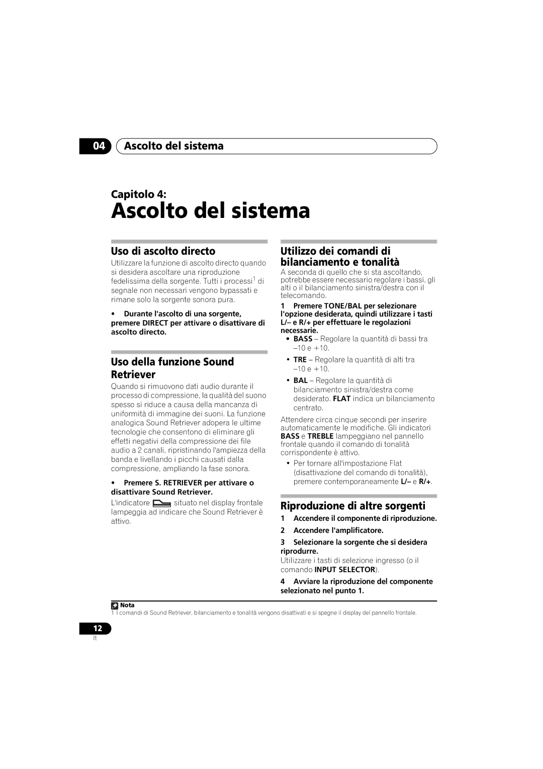 Pioneer A-A9-J manual Ascolto del sistema Capitolo, Uso di ascolto directo, Uso della funzione Sound Retriever 