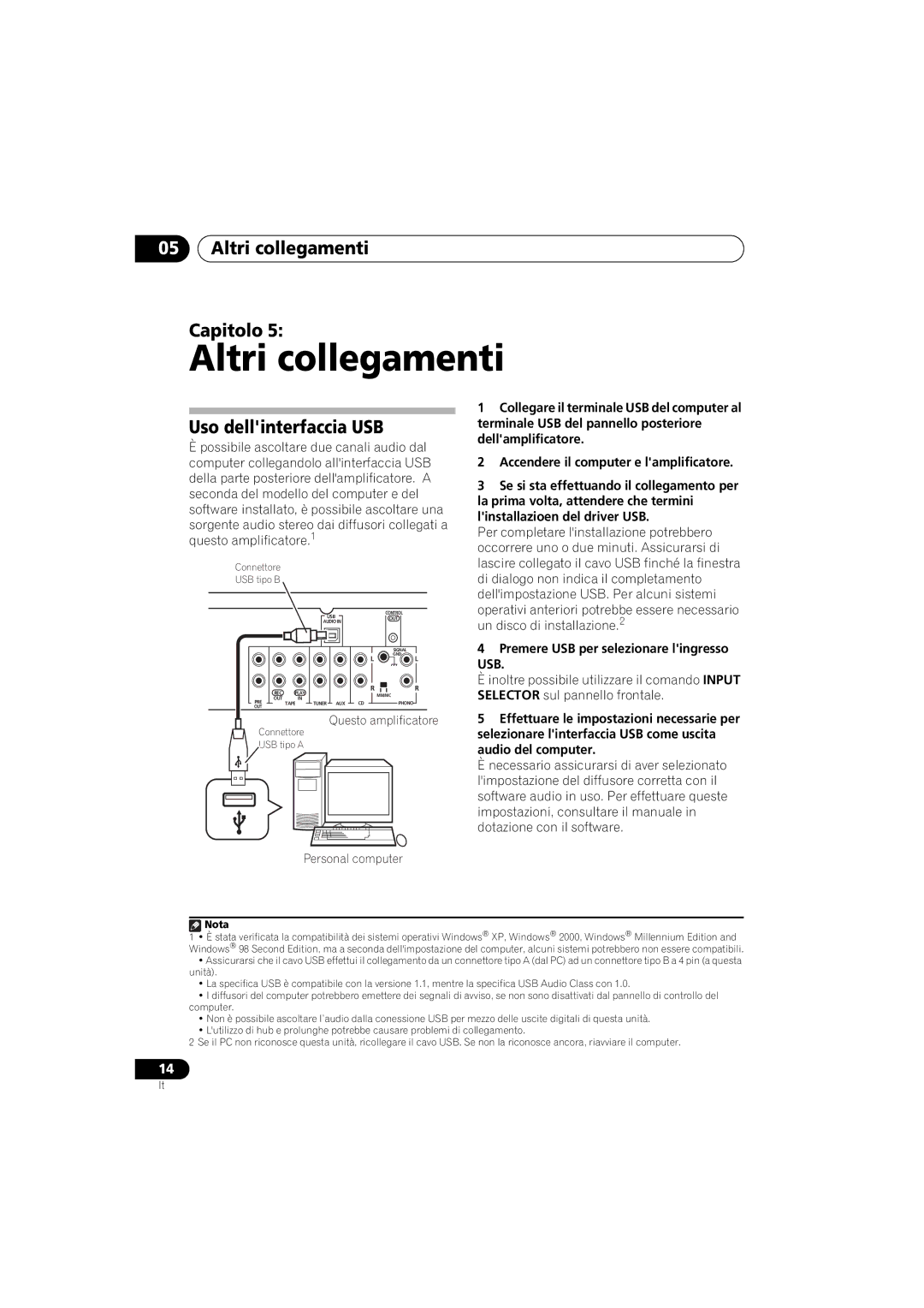 Pioneer A-A9-J manual Altri collegamenti Capitolo, Uso dellinterfaccia USB 