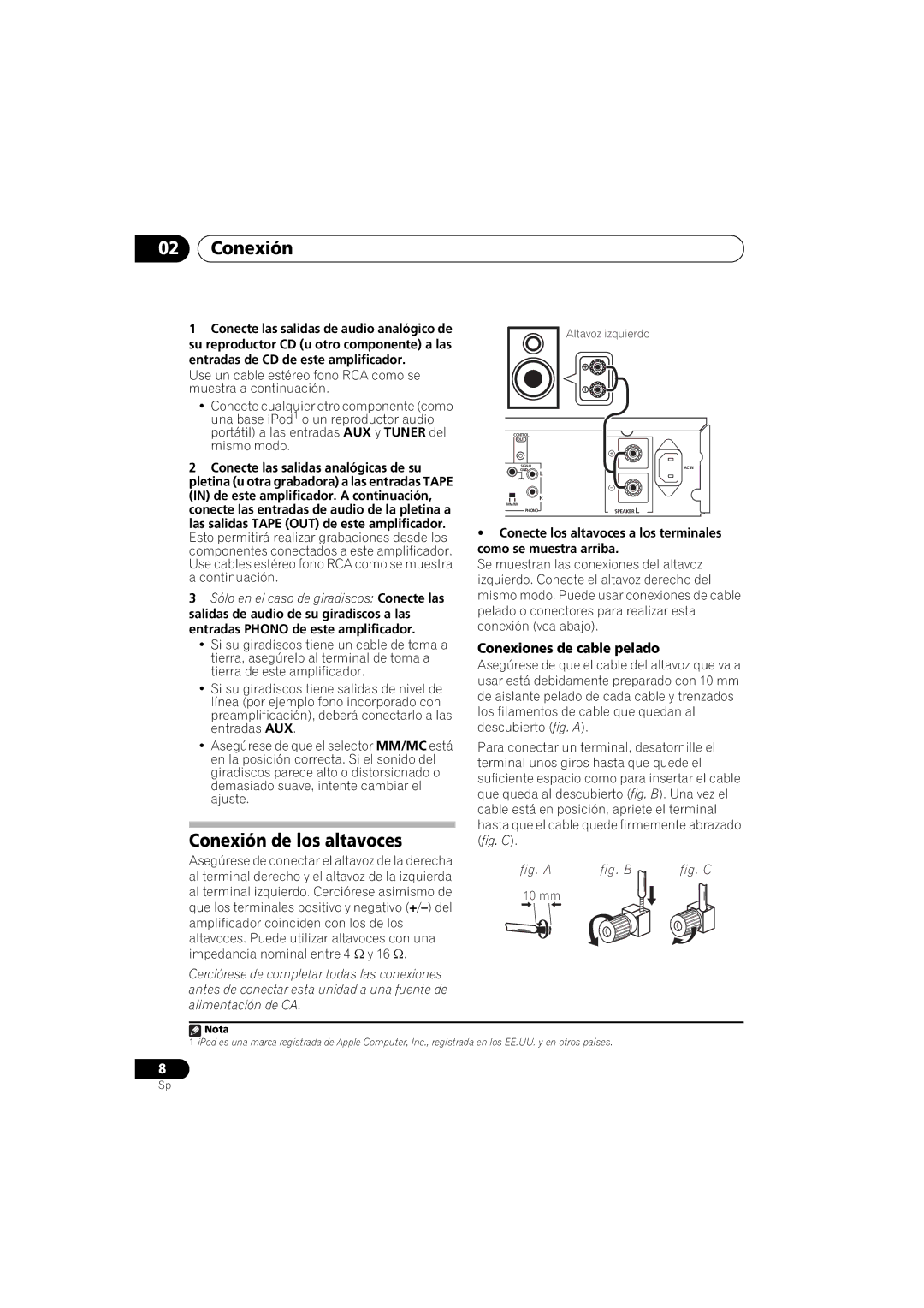 Pioneer A-A9-J manual Conexión de los altavoces, Conexiones de cable pelado 