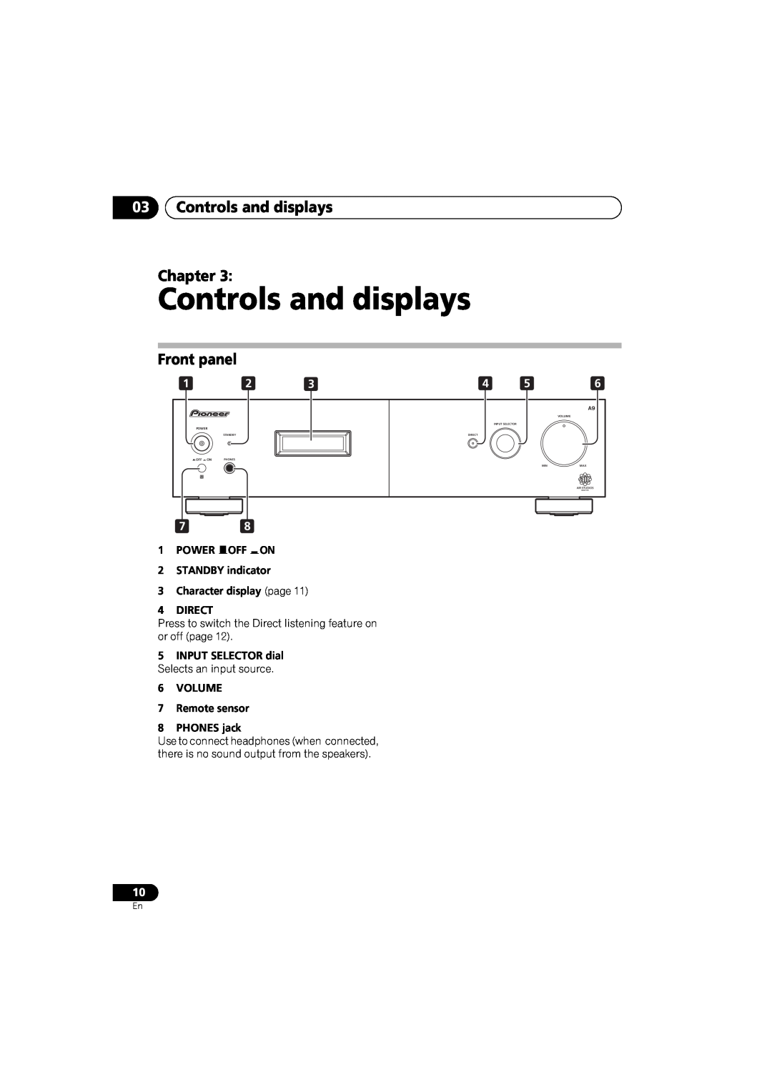Pioneer A-A9-J manual 03Controls and displays Chapter, Front panel, 1POWER OFF ON 2STANDBY indicator 