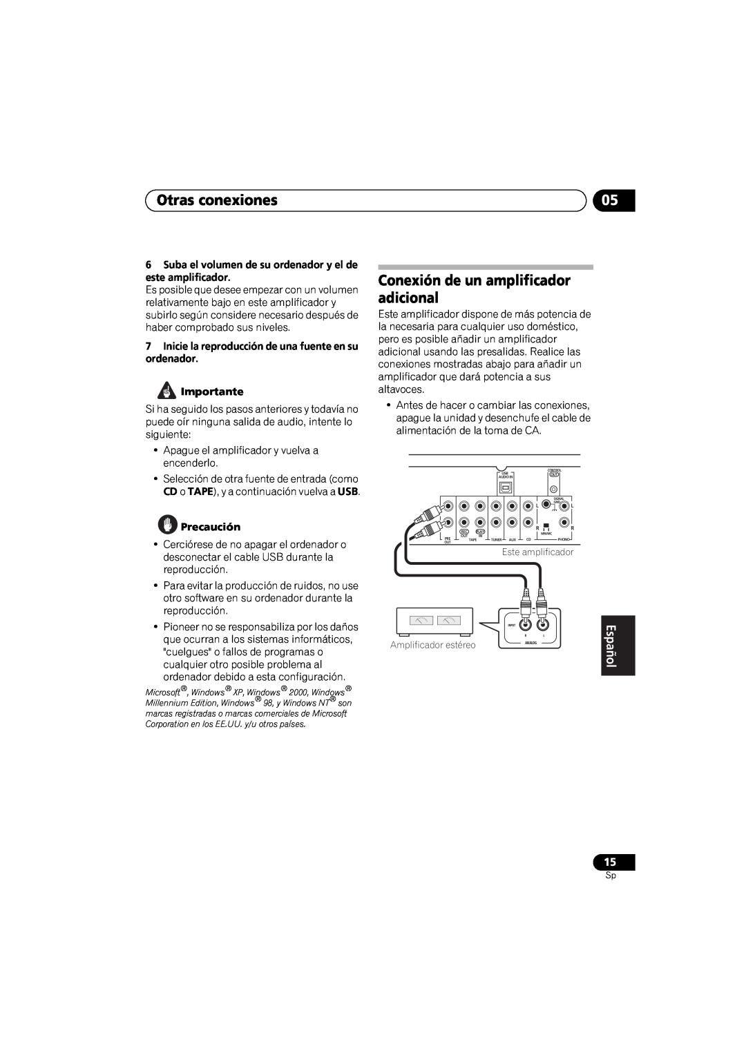 Pioneer A-A9-J manual Otras conexiones, Conexión de un amplificador, adicional, Importante, Precaución, altavoces, Español 