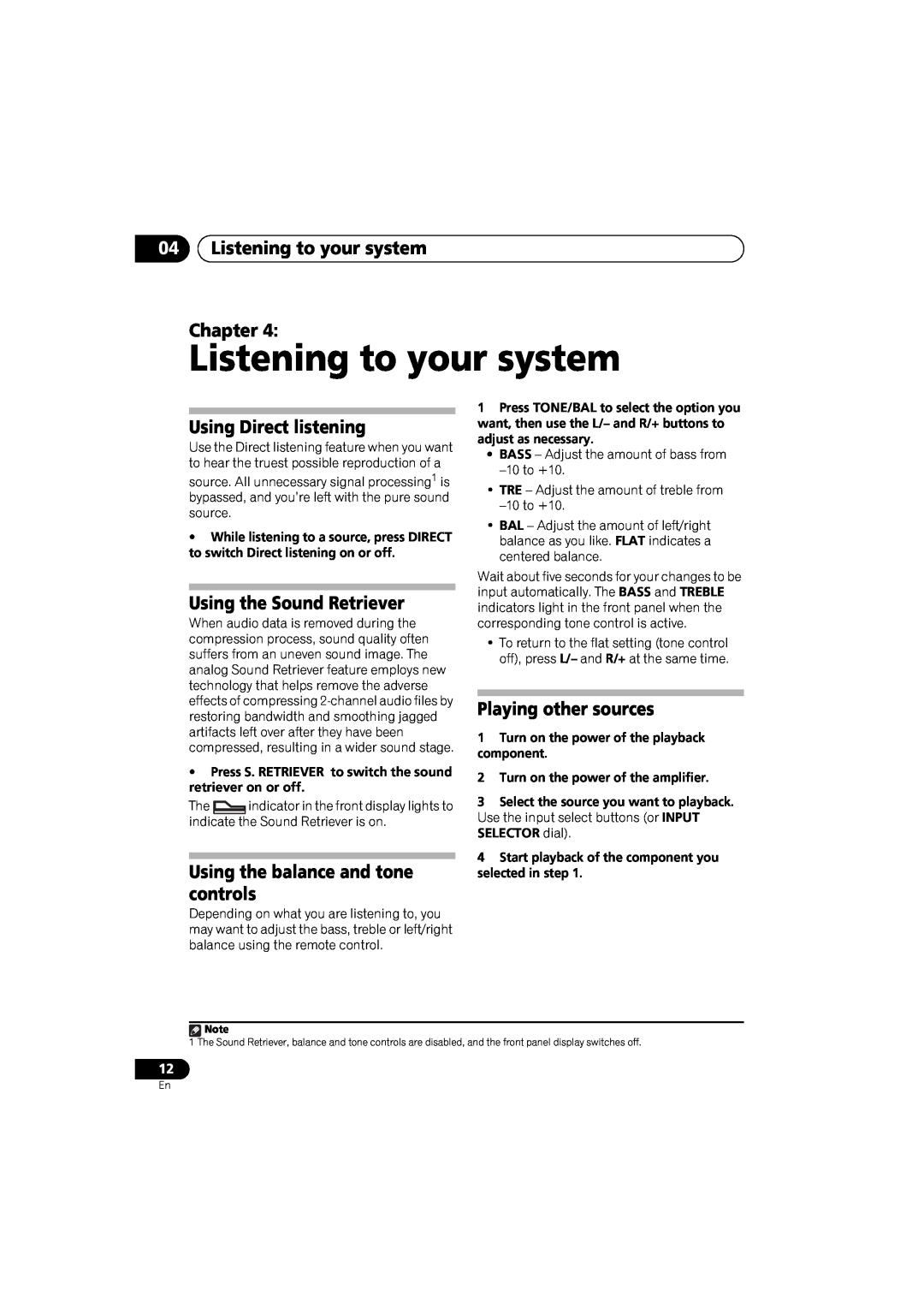Pioneer A-A9-J manual 04Listening to your system Chapter, Using Direct listening, Using the Sound Retriever 