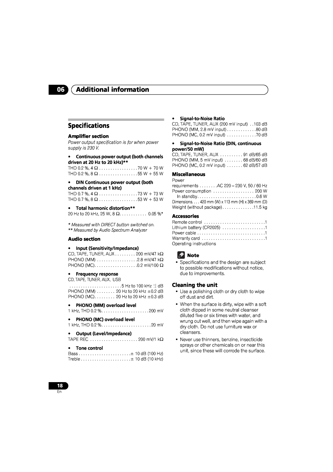 Pioneer A-A9-J 06Additional information Specifications, Cleaning the unit, Amplifier section, Audio section, Miscellaneous 