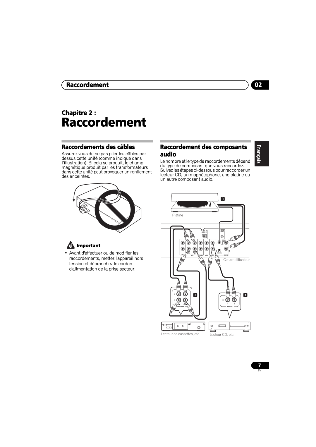 Pioneer A-A9-J manual Raccordement Chapitre, Raccordements des câbles, audio, Raccordement des composants, English 