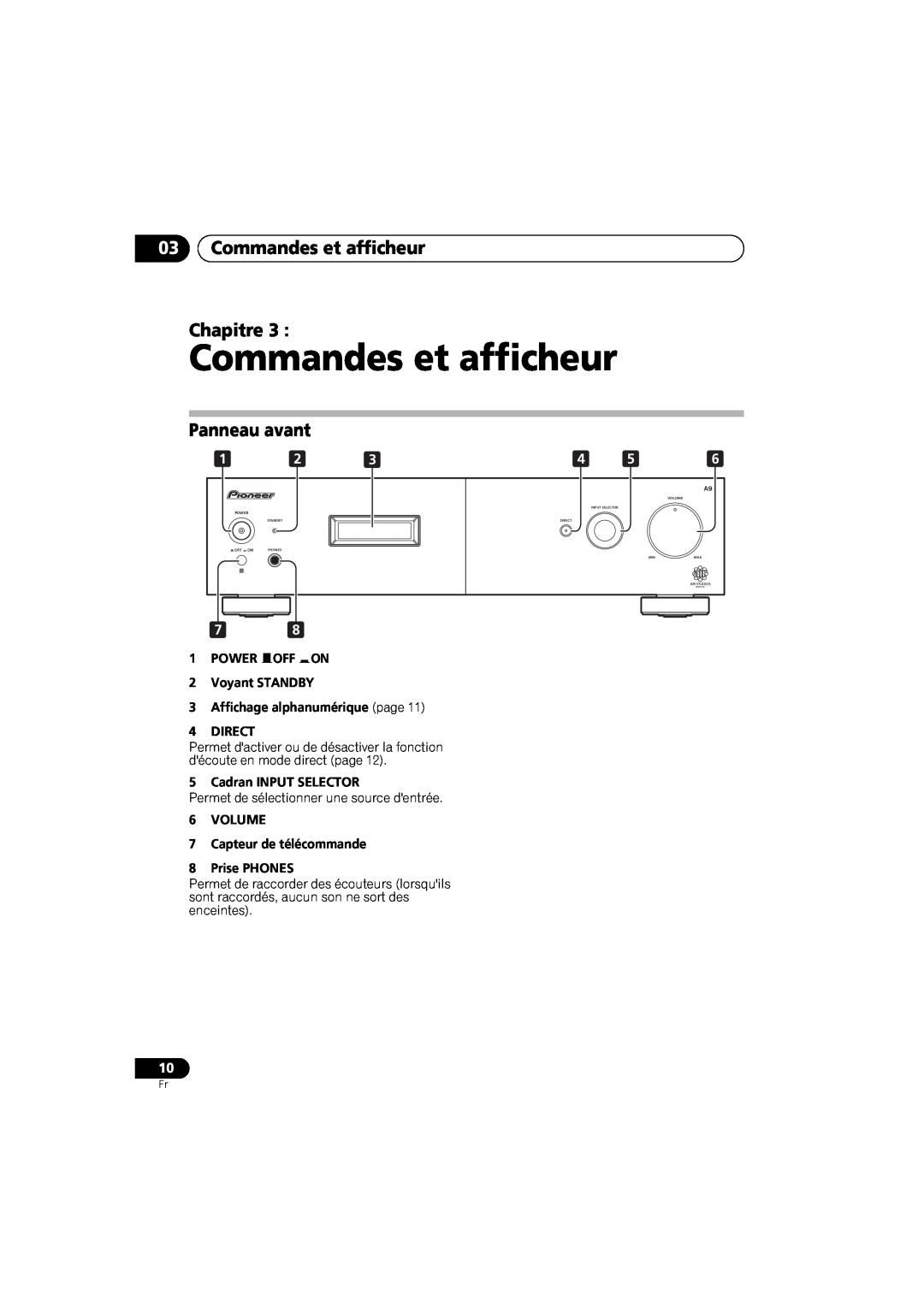 Pioneer A-A9-J manual 03Commandes et afficheur Chapitre, Panneau avant, 1POWER OFF ON 2Voyant STANDBY 