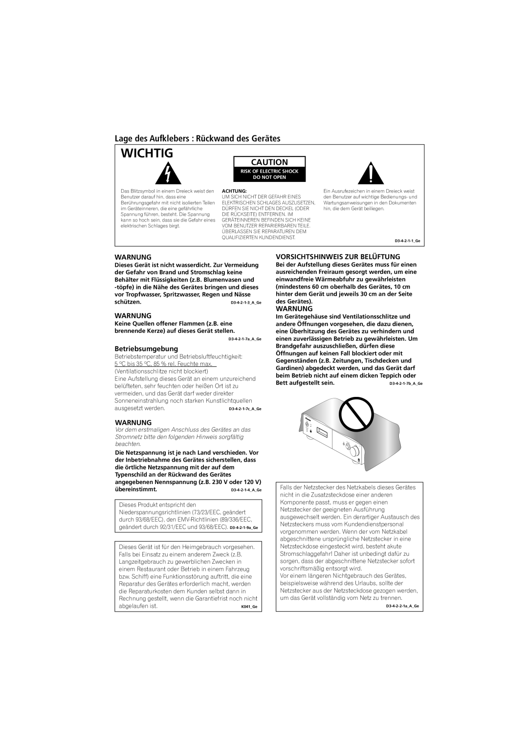 Pioneer A-A9-J manual Wichtig, Lage des Aufklebers Rückwand des Gerätes, Warnung, Betriebsumgebung 