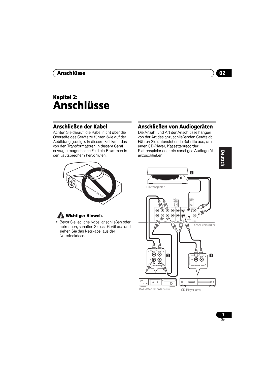 Pioneer A-A9-J manual Anschlüsse Kapitel, Anschließen der Kabel, Anschließen von Audiogeräten, English, Español 