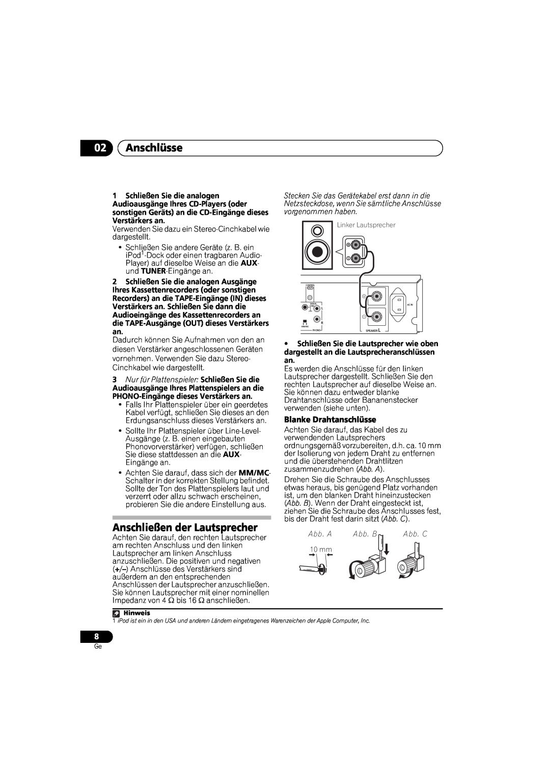 Pioneer A-A9-J manual 02Anschlüsse, Anschließen der Lautsprecher, Blanke Drahtanschlüsse, Abb. A, Abb. B 