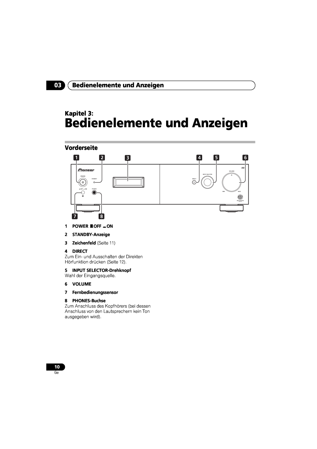 Pioneer A-A9-J 03Bedienelemente und Anzeigen Kapitel, Vorderseite, 1POWER OFF ON 2STANDBY-Anzeige, Volume, Power 
