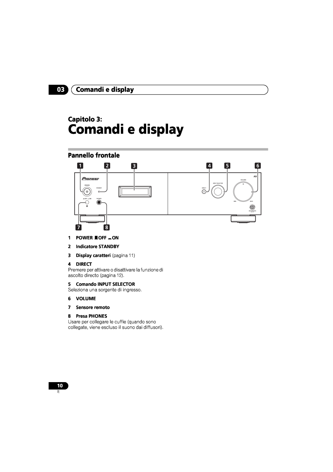 Pioneer A-A9-J manual 03Comandi e display Capitolo, Pannello frontale, 1POWER OFF ON 2Indicatore STANDBY 