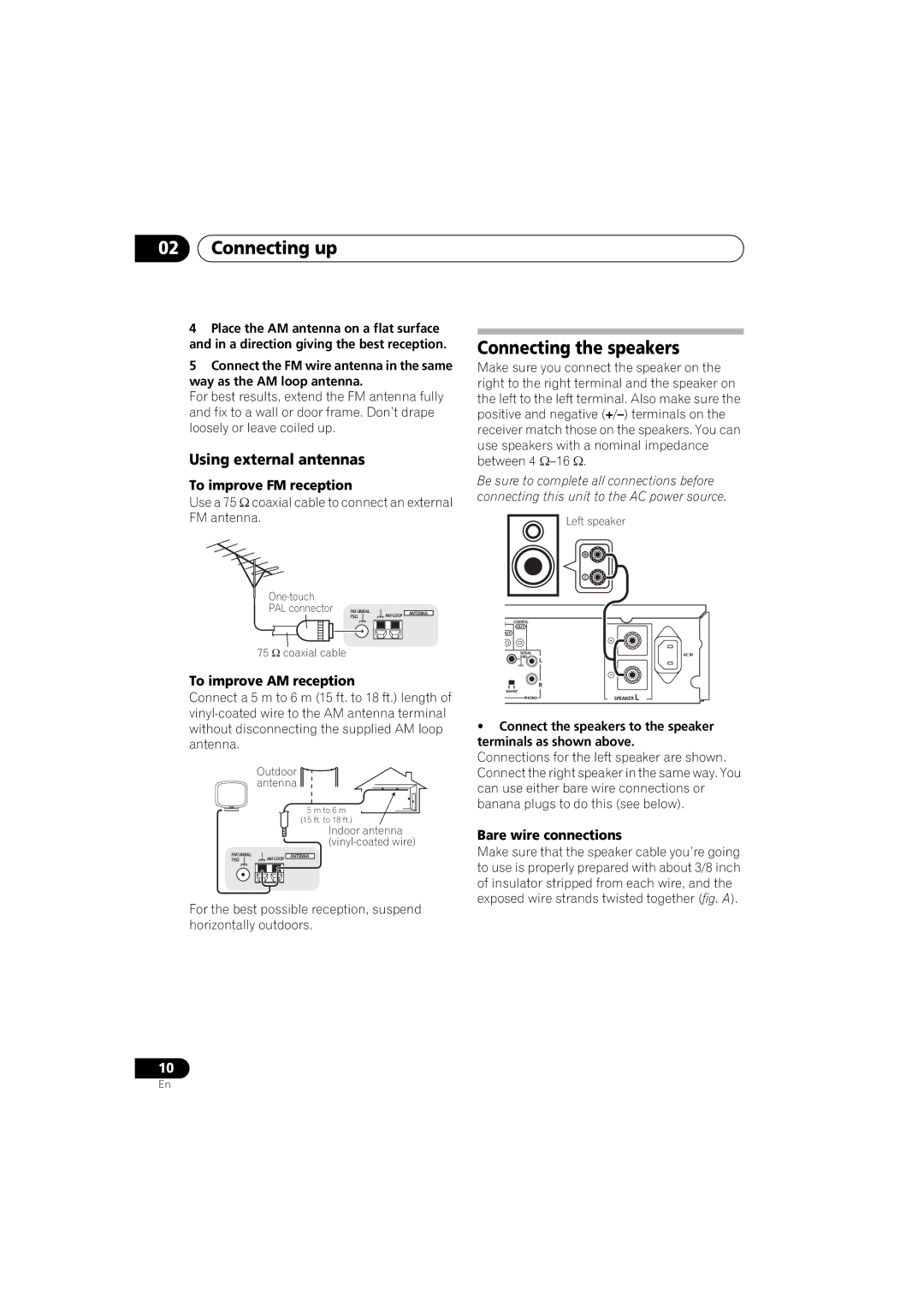 Pioneer A9 manual Connecting the speakers, Using external antennas, To improve FM reception, To improve AM reception 