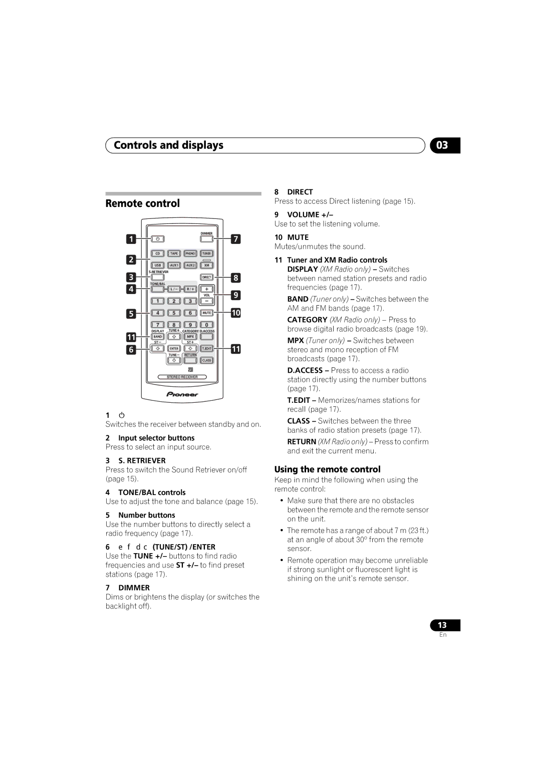 Pioneer A9 manual Controls and displays Remote control, Using the remote control, Retriever, Dimmer 