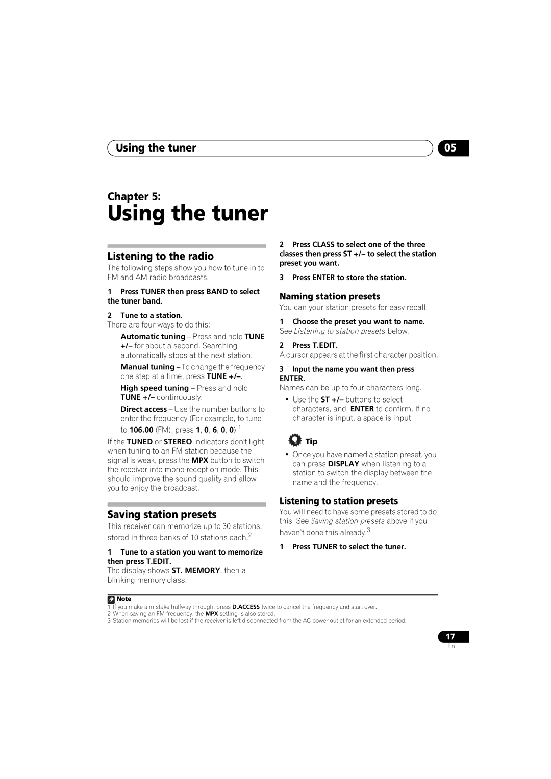 Pioneer A9 manual Using the tuner Chapter, Listening to the radio, Saving station presets 