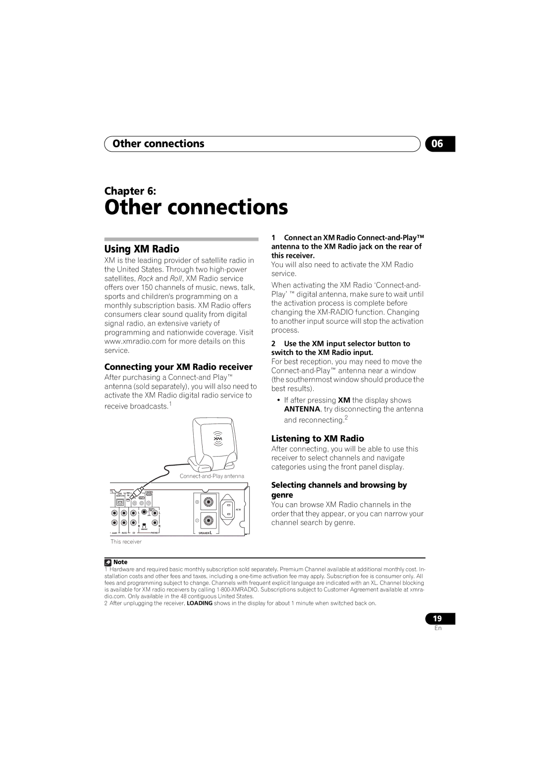 Pioneer A9 manual Other connections Chapter, Using XM Radio, Connecting your XM Radio receiver, Listening to XM Radio 