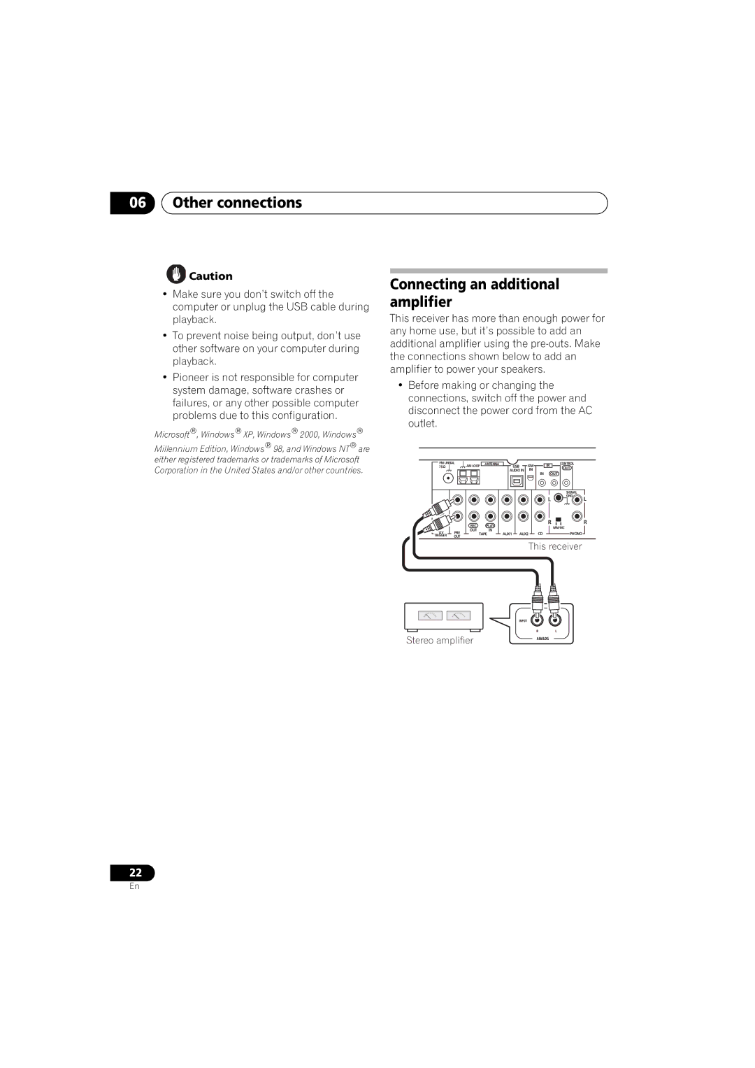 Pioneer A9 manual Connecting an additional amplifier, Microsoft, Windows XP, Windows 2000, Windows 