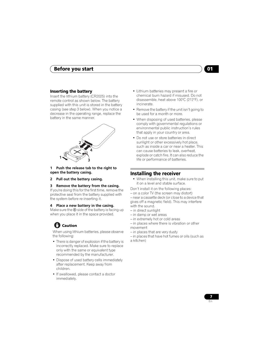 Pioneer A9 manual Before you start, Installing the receiver, Inserting the battery 