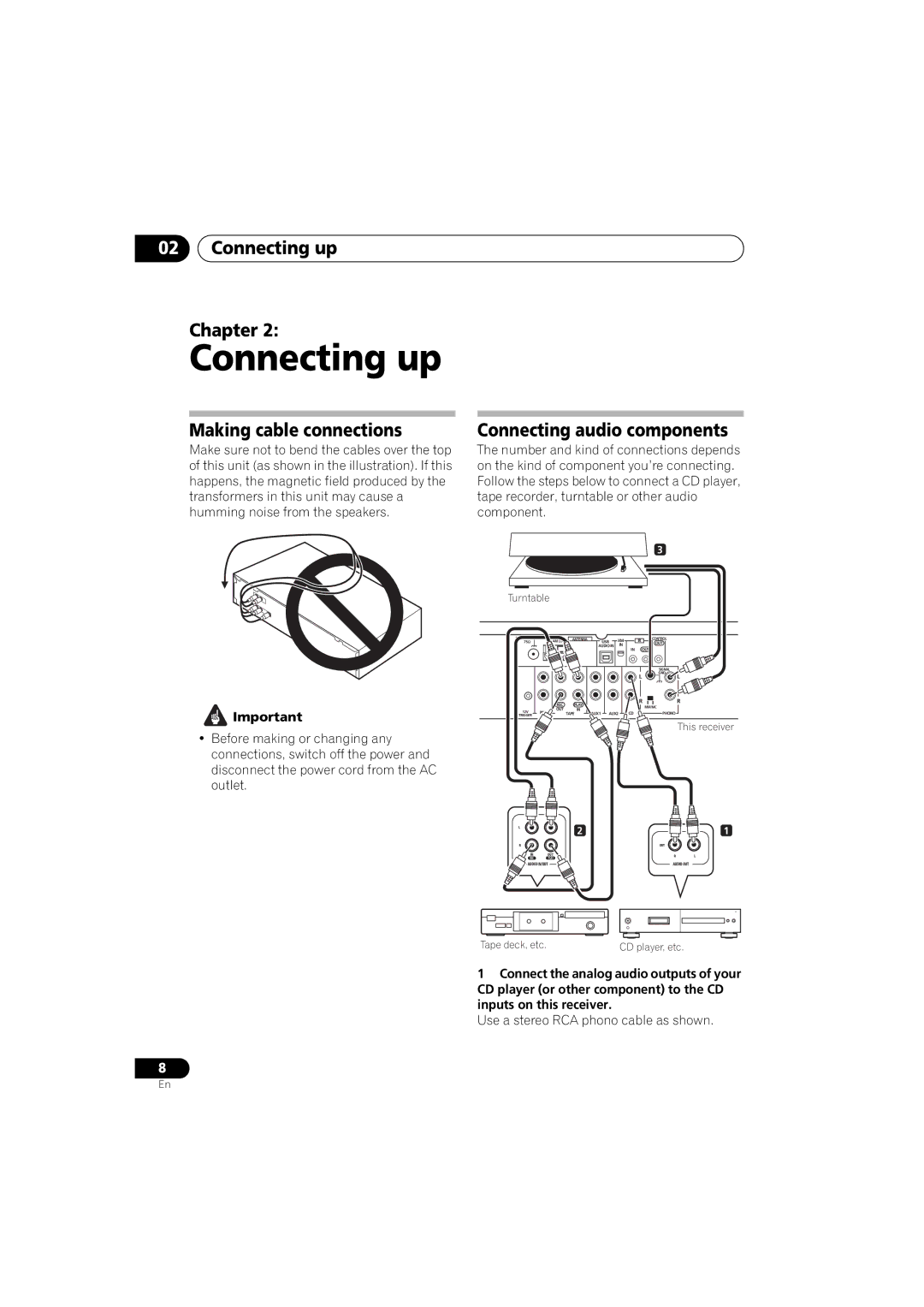 Pioneer A9 manual Connecting up Chapter, Making cable connections, Connecting audio components 