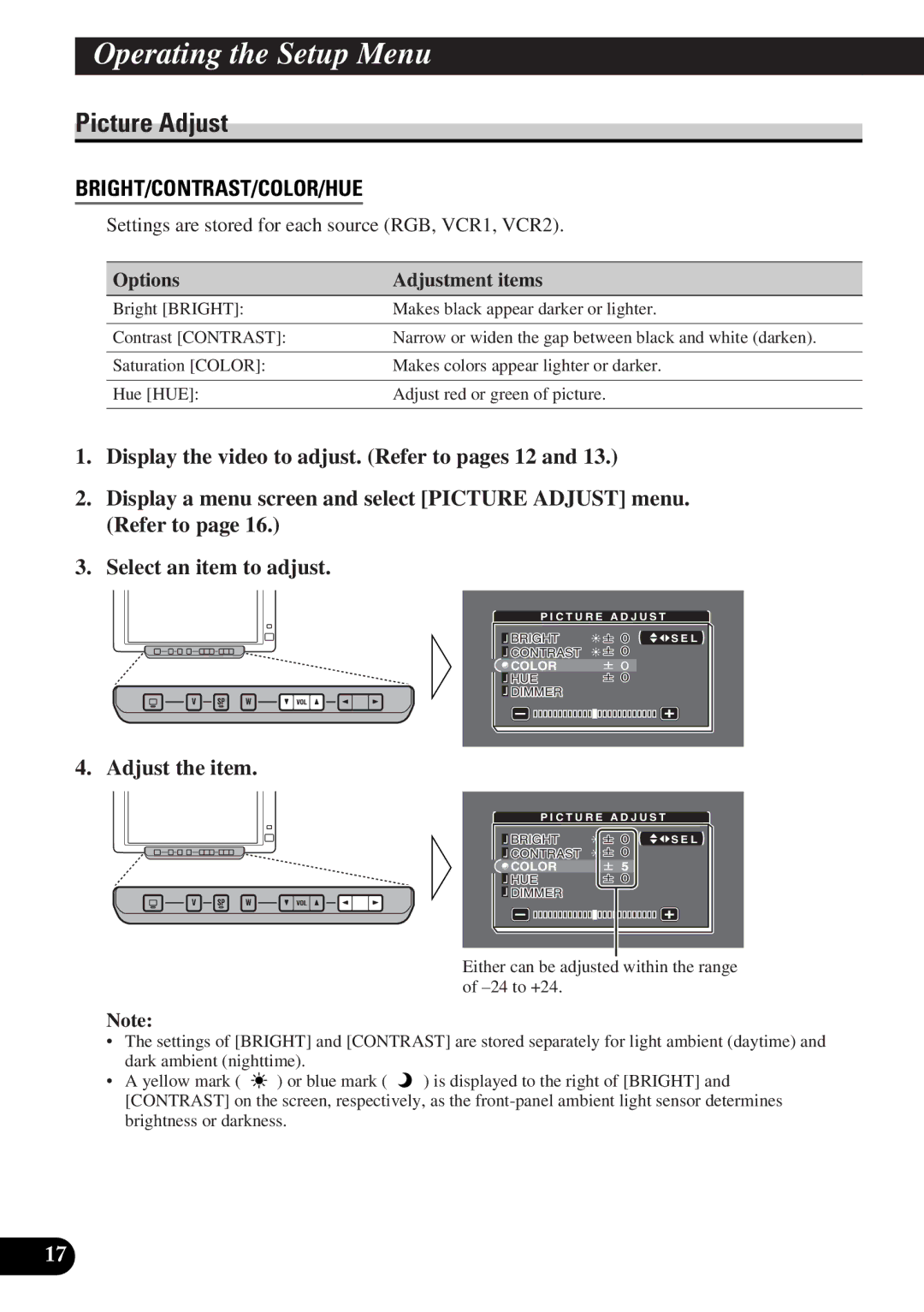 Pioneer AVD-W6000 owner manual Picture Adjust, Adjust the item 