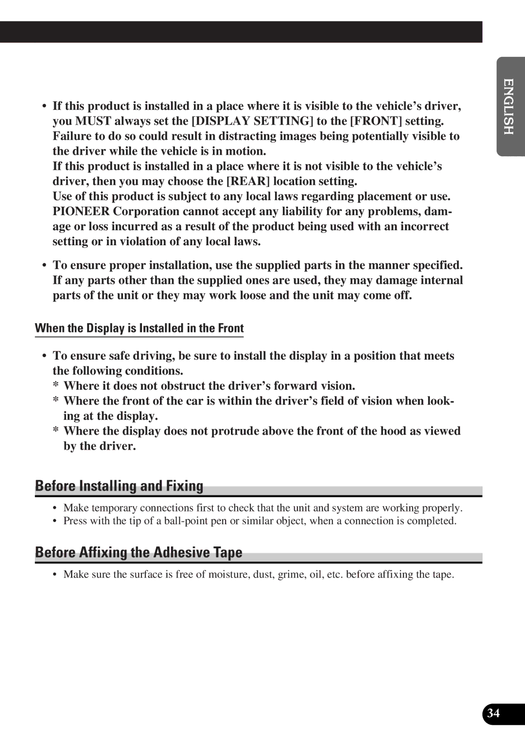 Pioneer AVD-W6000 owner manual Before Installing and Fixing, Before Affixing the Adhesive Tape 