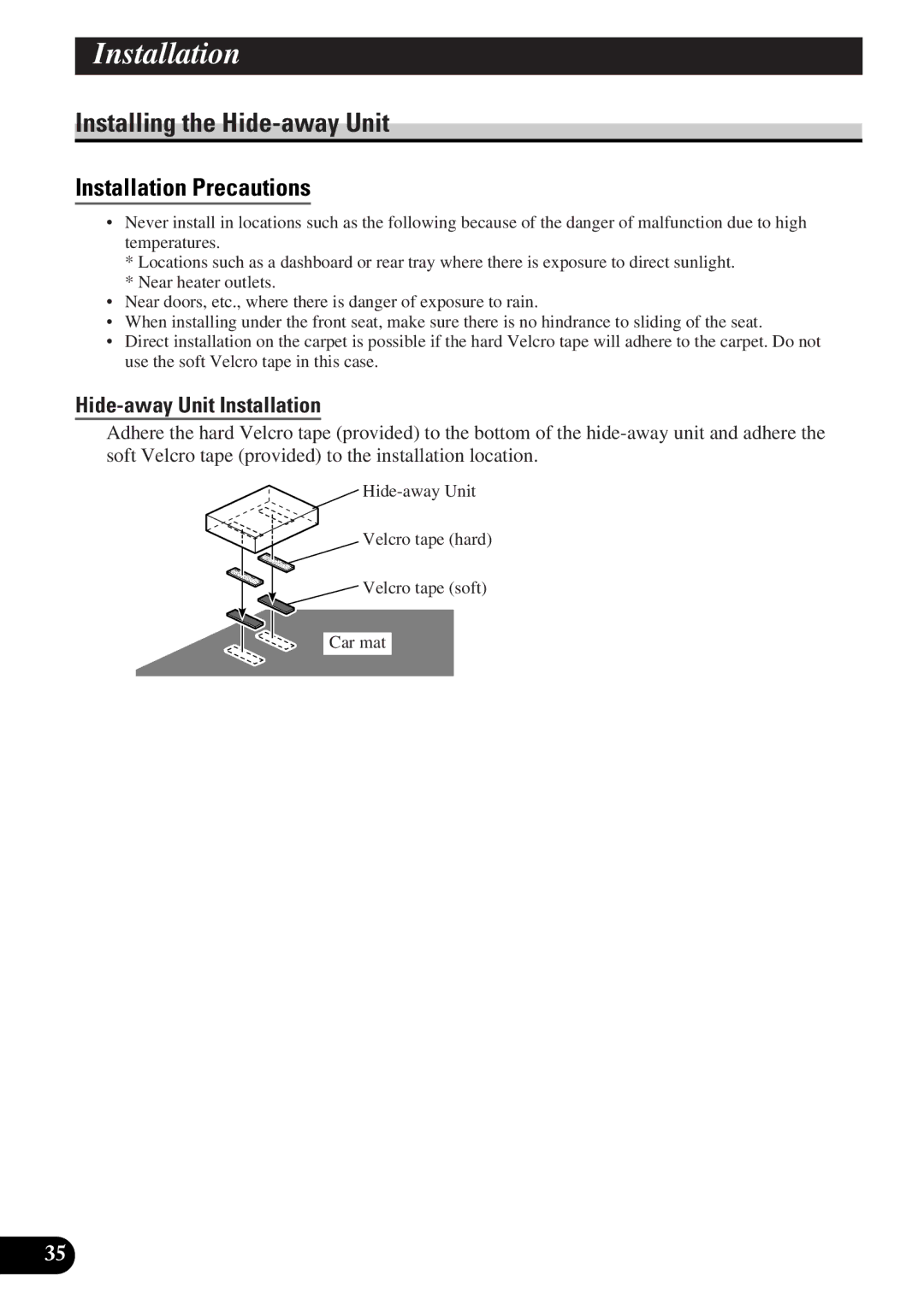 Pioneer AVD-W6000 owner manual Installing the Hide-away Unit, Hide-away Unit Installation 