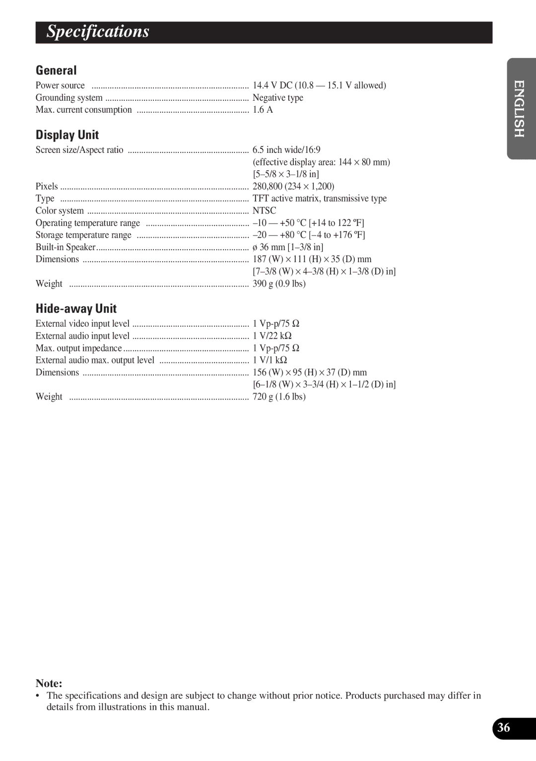 Pioneer AVD-W6000 owner manual Specifications, General, Display Unit 