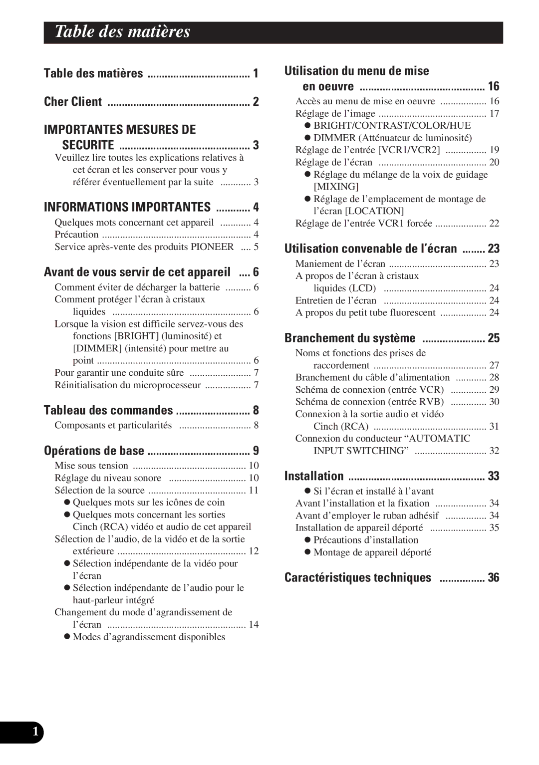 Pioneer AVD-W6000 owner manual Table des matières, Utilisation du menu de mise 