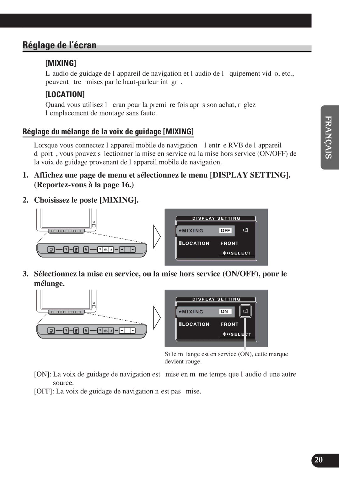 Pioneer AVD-W6000 owner manual Réglage de l’écran, Réglage du mélange de la voix de guidage Mixing 