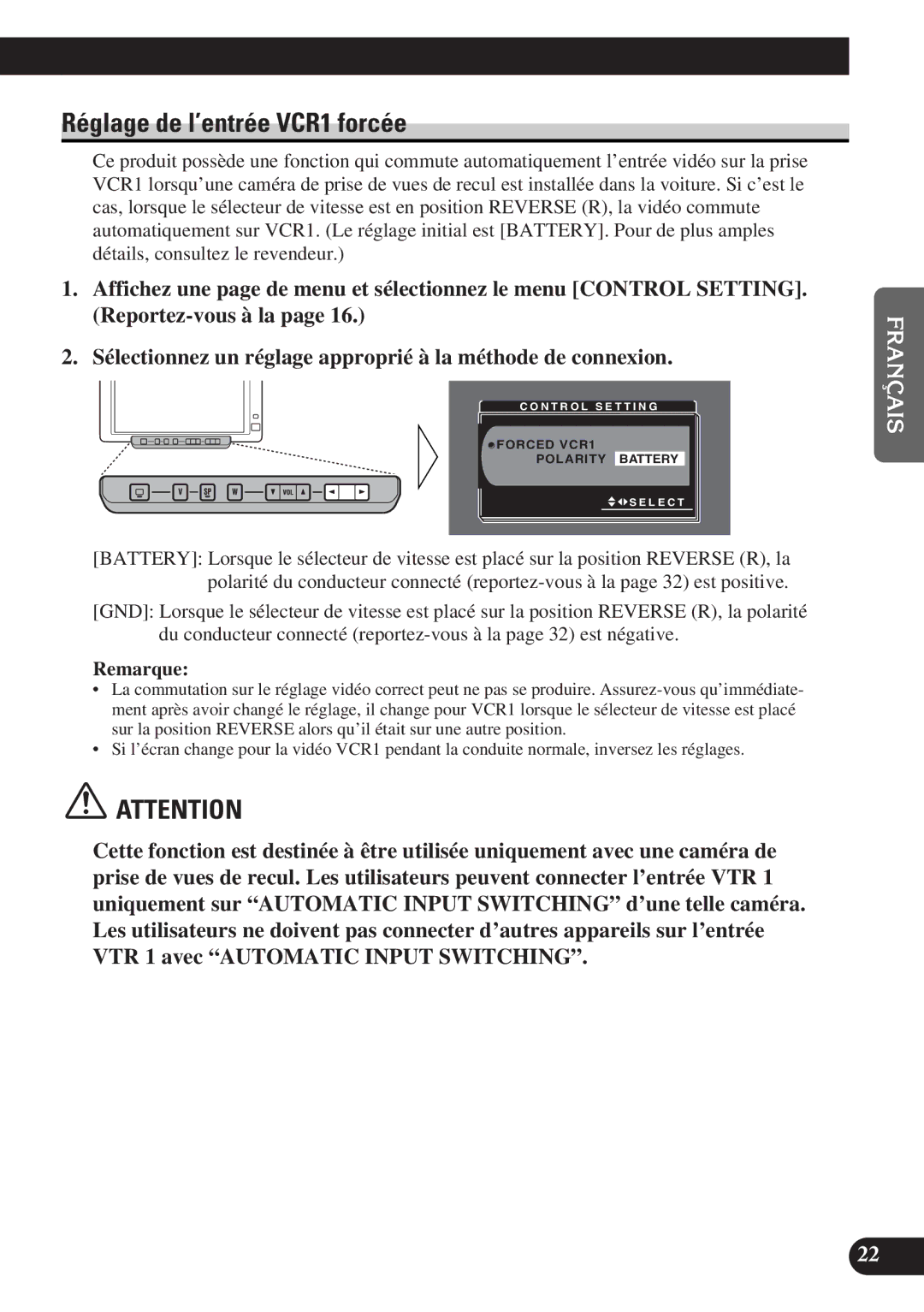 Pioneer AVD-W6000 owner manual Réglage de l’entrée VCR1 forcée 