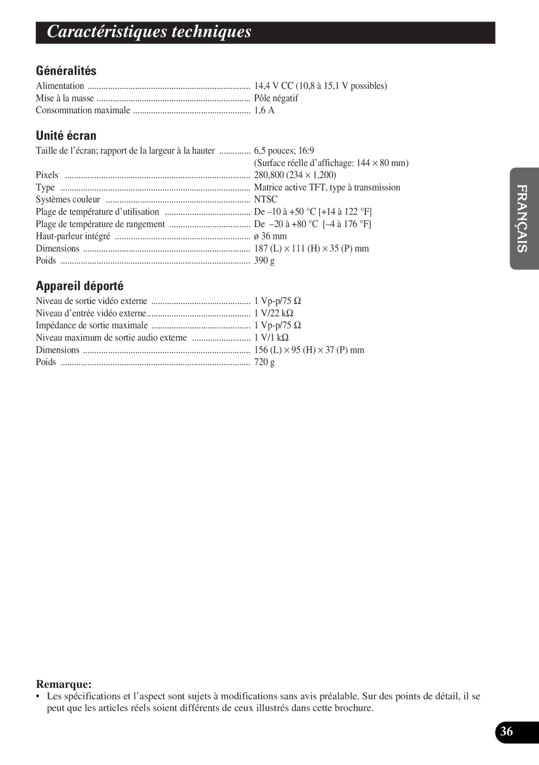 Pioneer AVD-W6000 owner manual Caractéristiques techniques, Généralités, Unité écran 