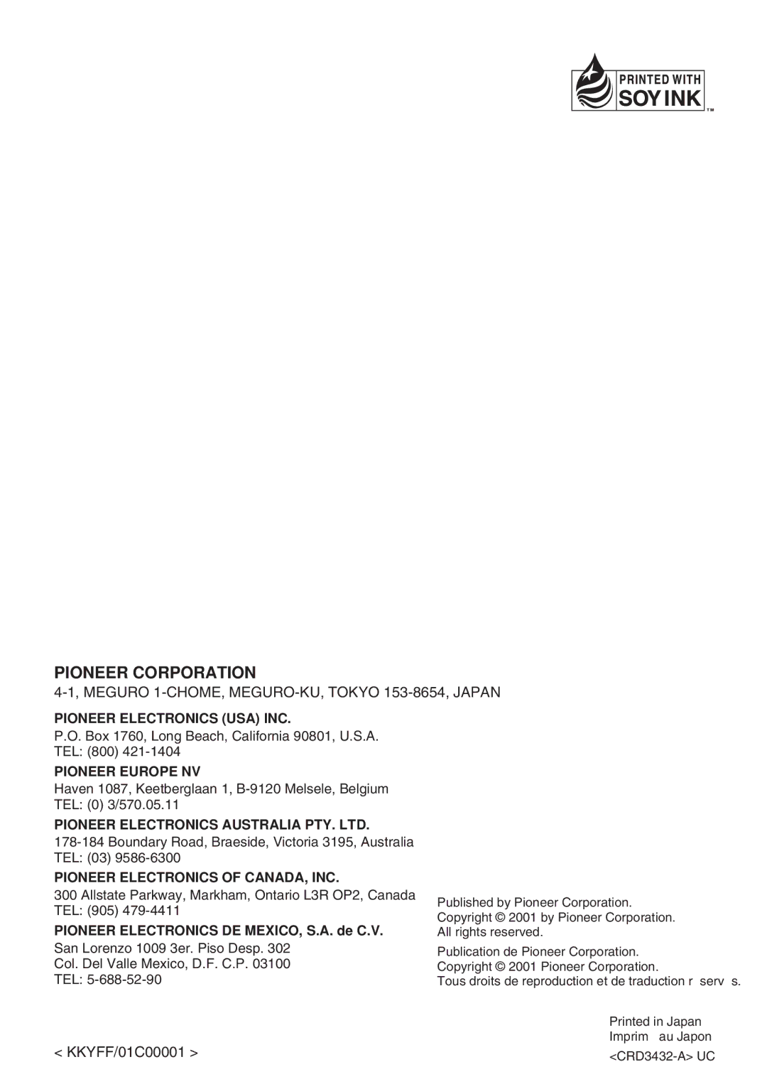 Pioneer AVD-W6000 owner manual Pioneer Corporation 