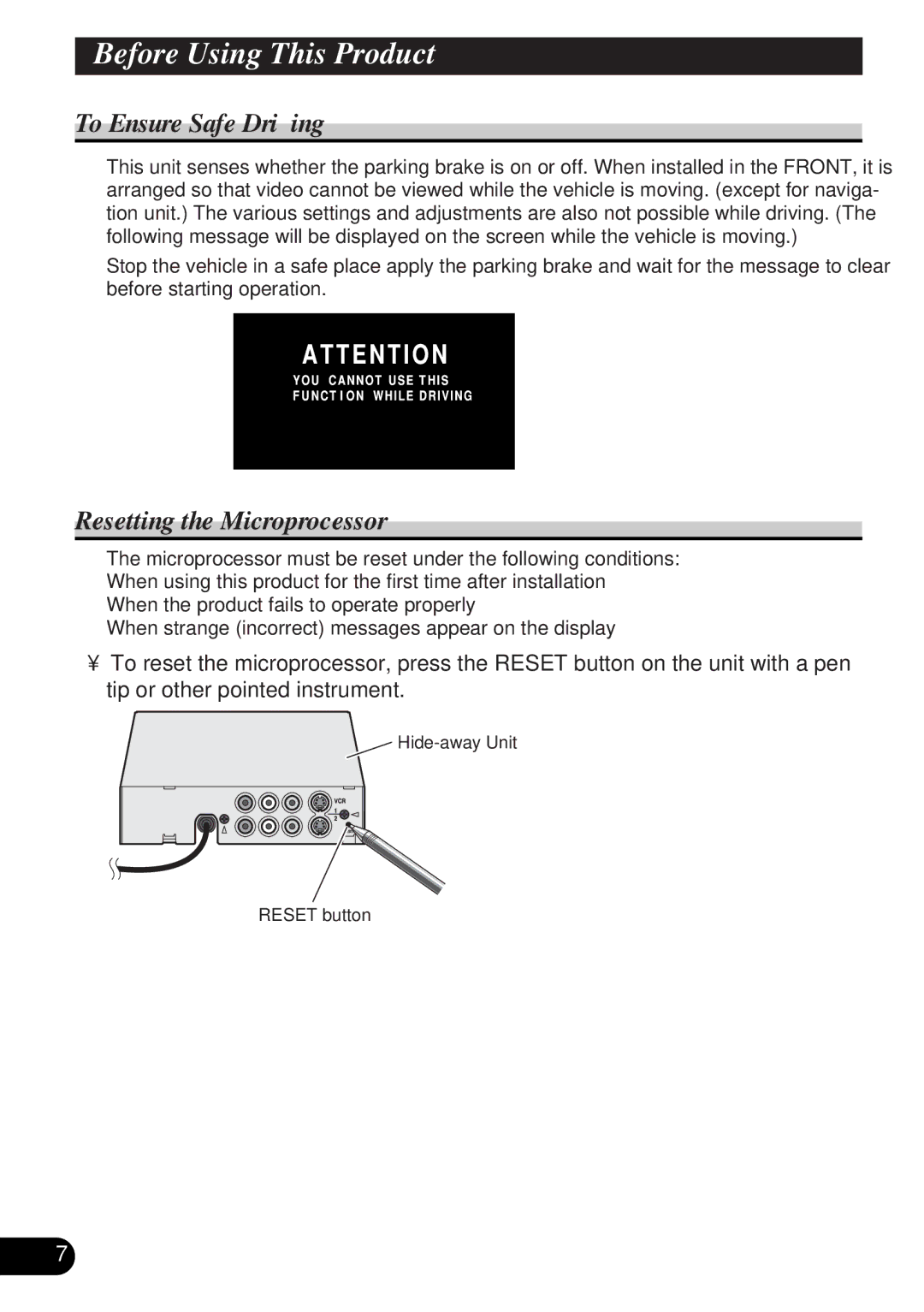 Pioneer AVD-W6000 owner manual To Ensure Safe Driving, Resetting the Microprocessor 