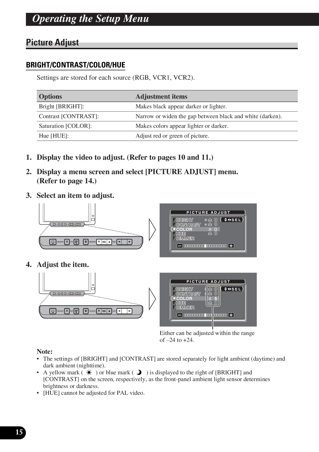 Pioneer AVD-W6010 owner manual Picture Adjust, Adjust the item, Options Adjustment items 