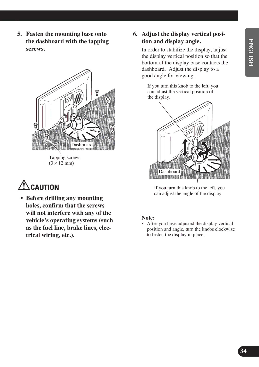 Pioneer AVD-W6010 owner manual Dashboard Tapping screws 3 ⋅ 12 mm 