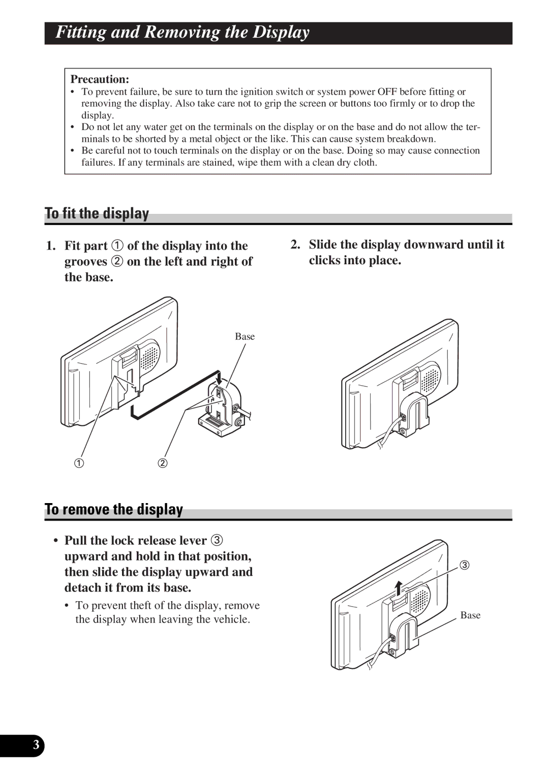 Pioneer AVD-W6010 owner manual Fitting and Removing the Display, To fit the display, To remove the display, Precaution 