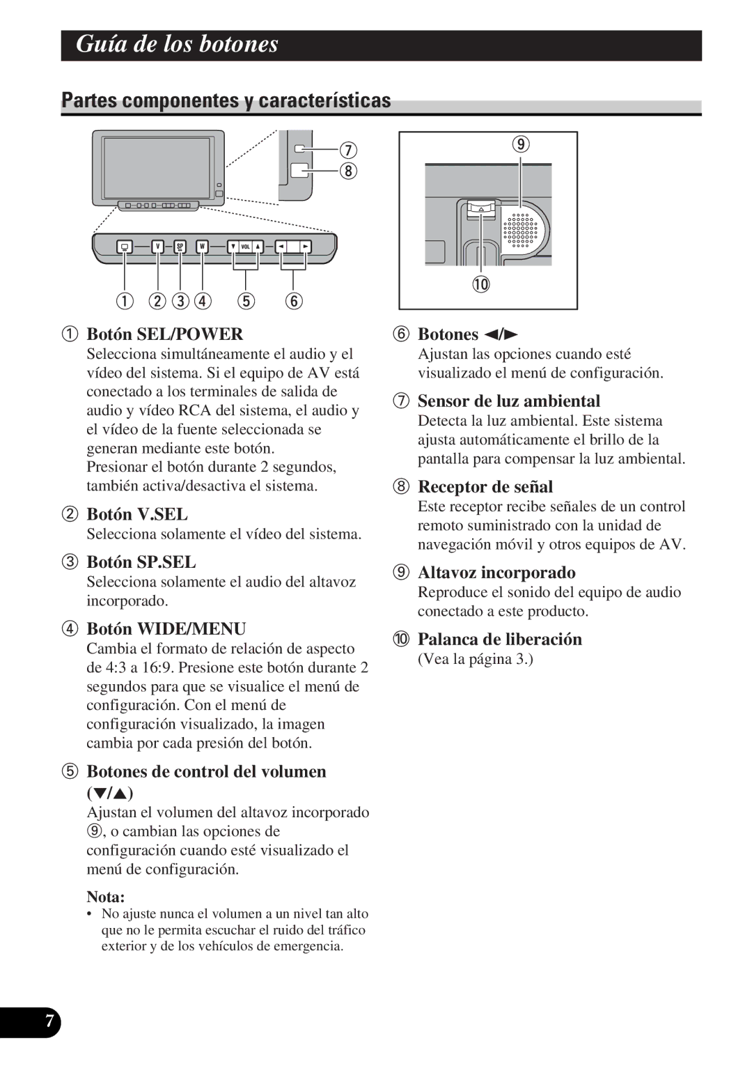 Pioneer AVD-W6010 owner manual Guía de los botones, Partes componentes y características 