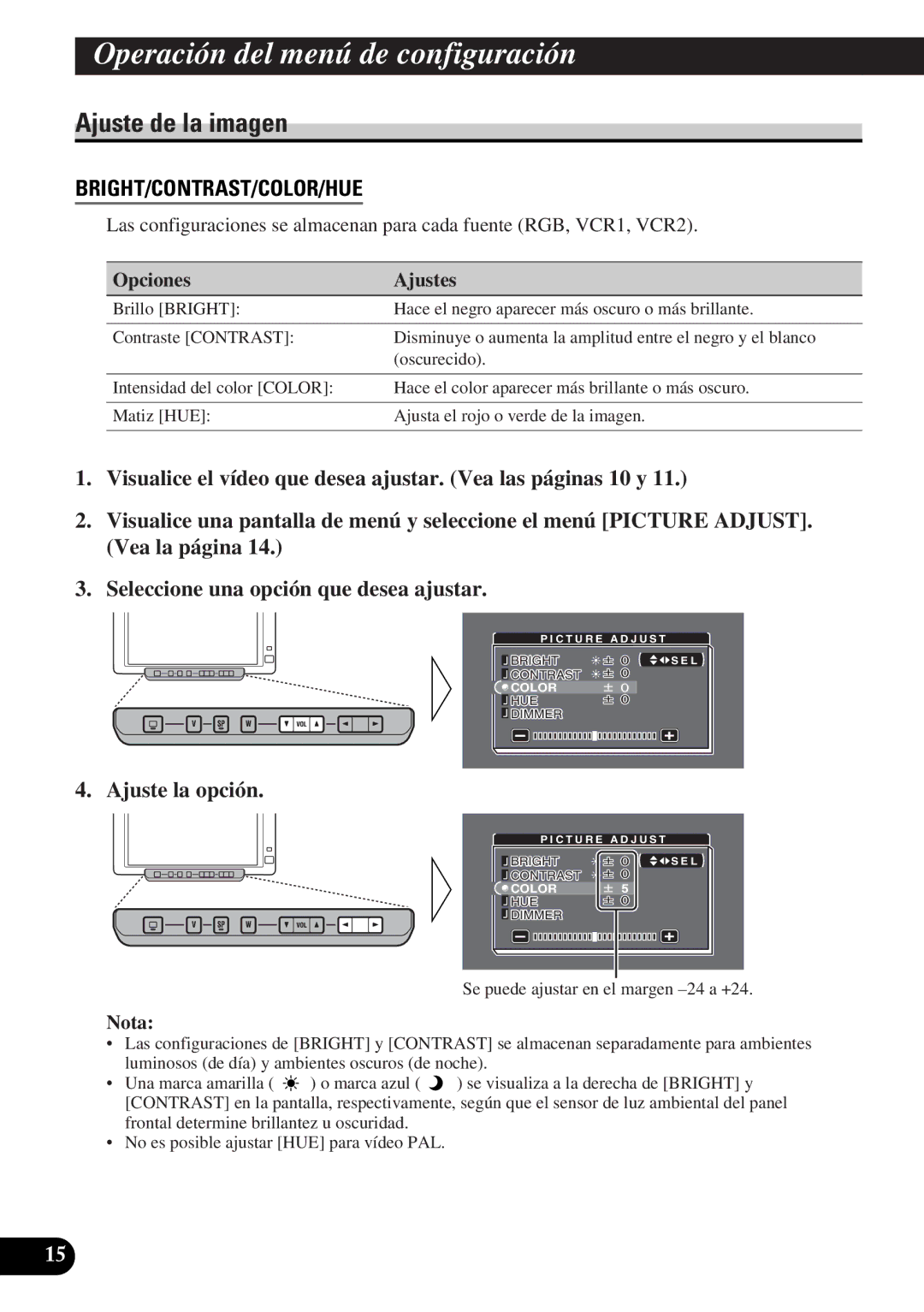 Pioneer AVD-W6010 owner manual Ajuste de la imagen, Ajuste la opción, Opciones Ajustes 