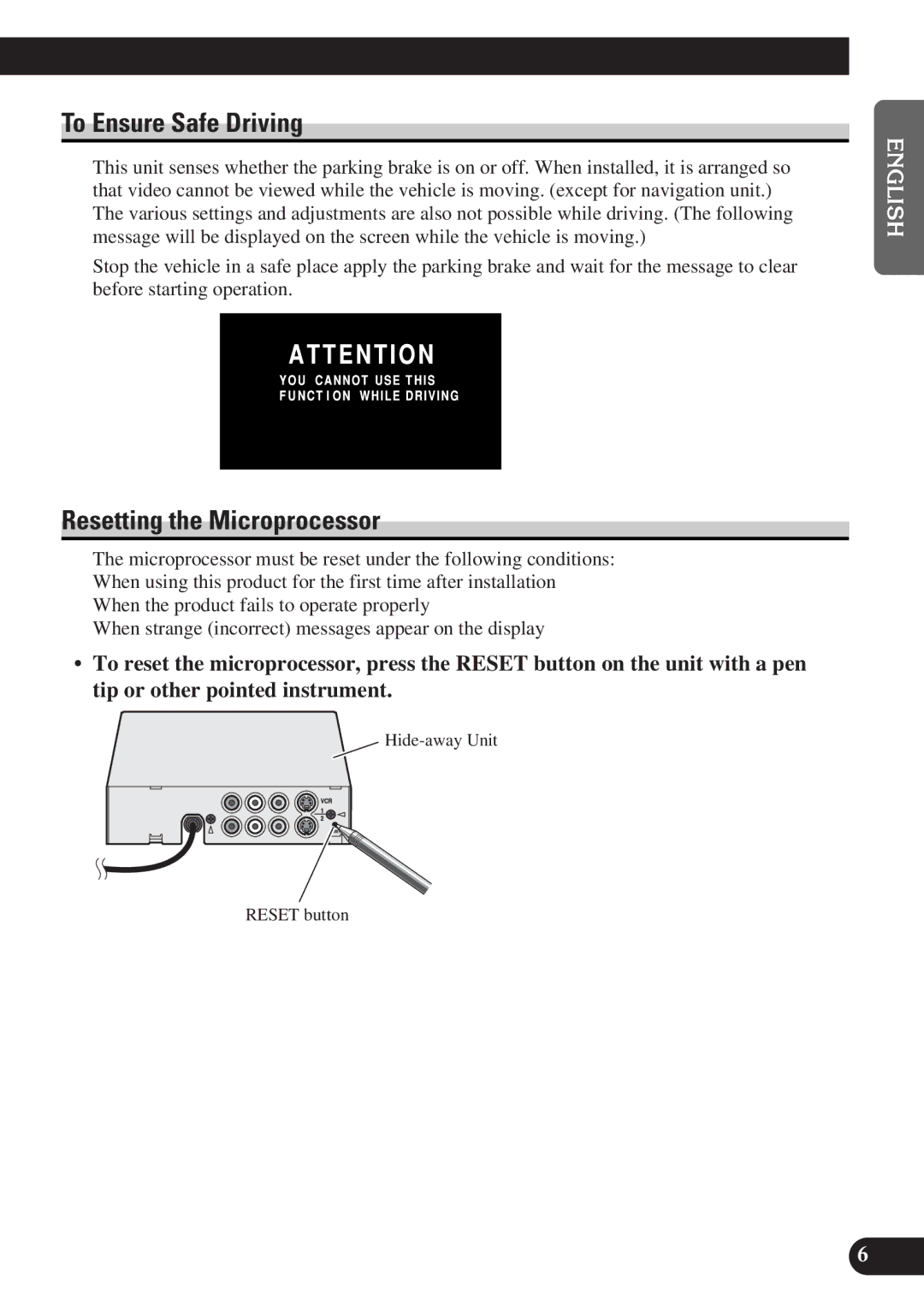 Pioneer AVD-W6010 owner manual To Ensure Safe Driving, Resetting the Microprocessor 