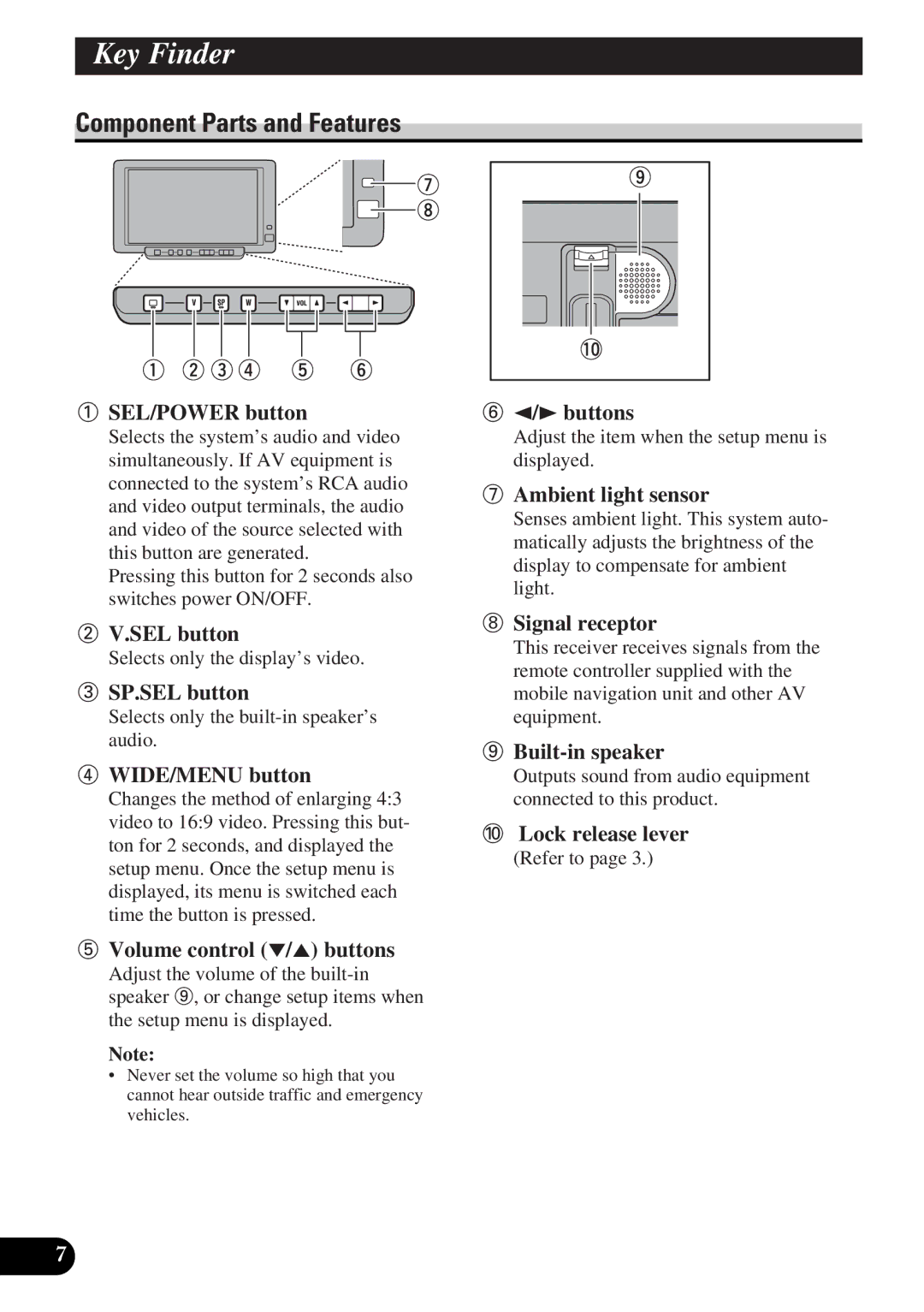 Pioneer AVD-W6010 owner manual Key Finder, Component Parts and Features 