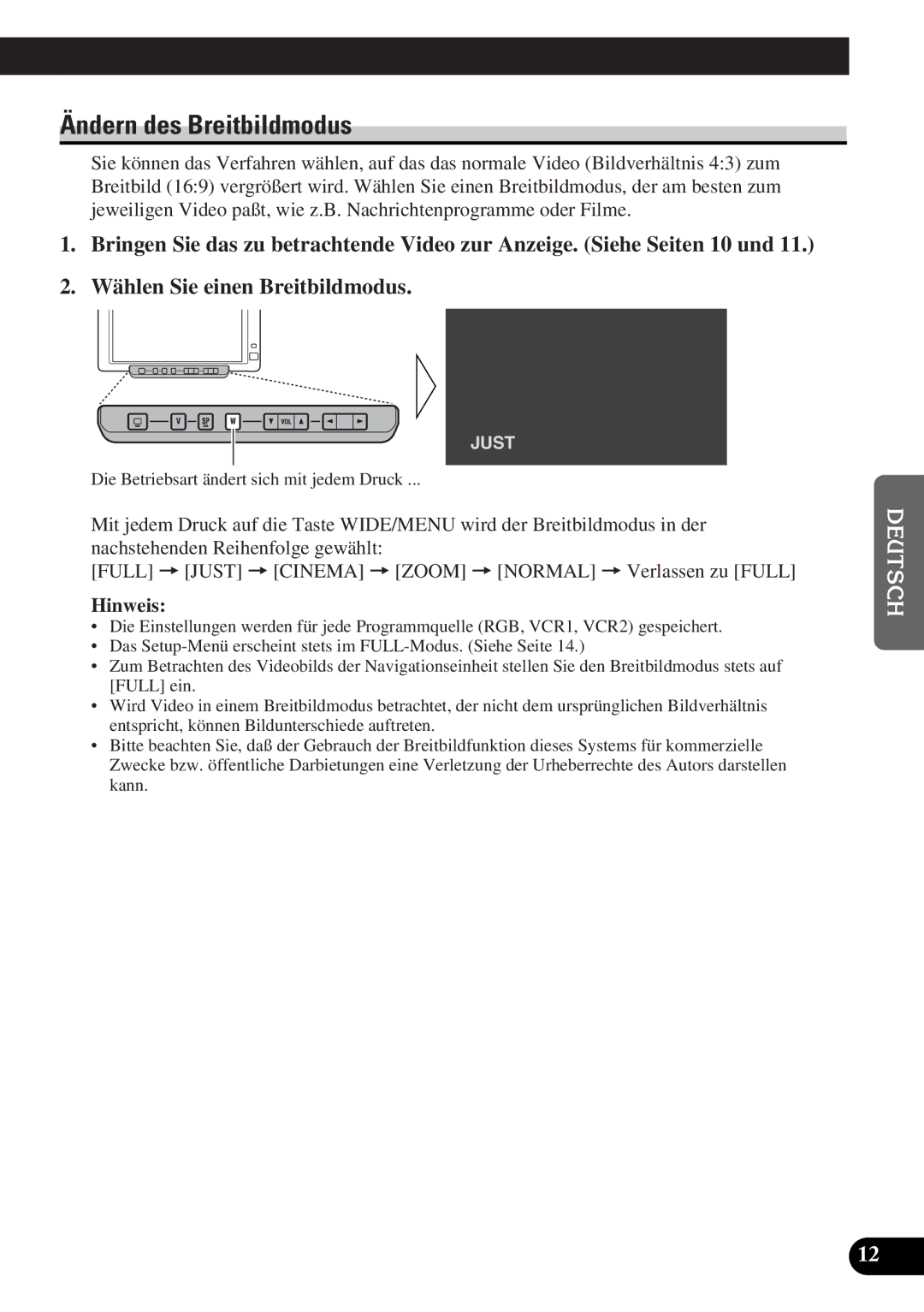 Pioneer AVD-W6010 owner manual Ändern des Breitbildmodus 