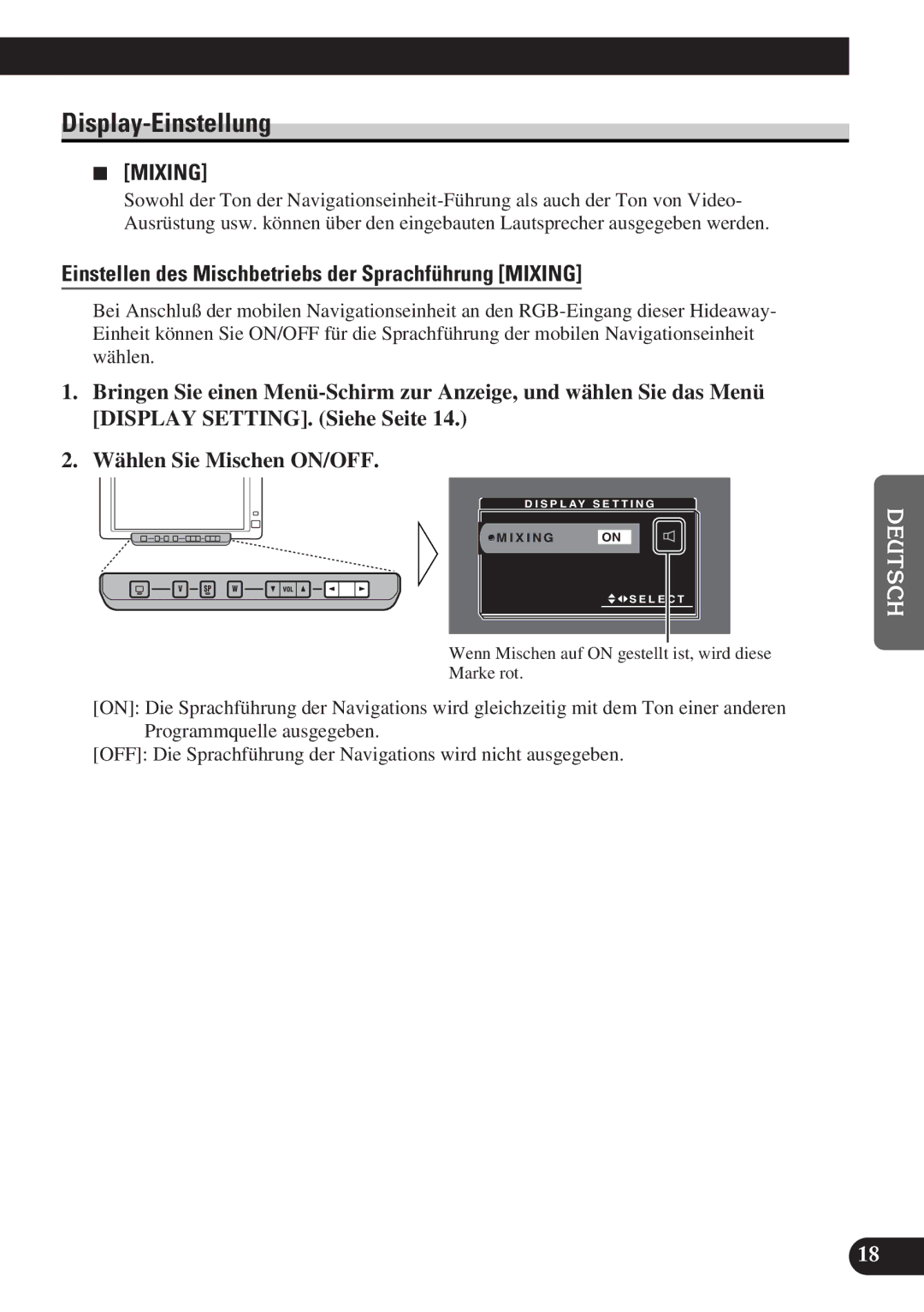 Pioneer AVD-W6010 owner manual Display-Einstellung, Einstellen des Mischbetriebs der Sprachführung Mixing 