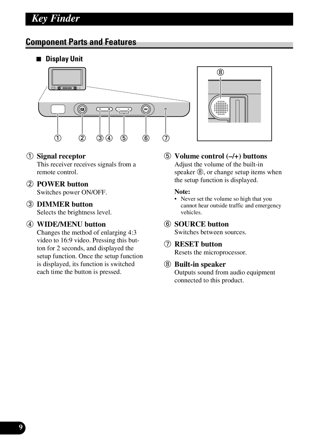 Pioneer AVD-W6200 owner manual Key Finder, Component Parts and Features, Display Unit 