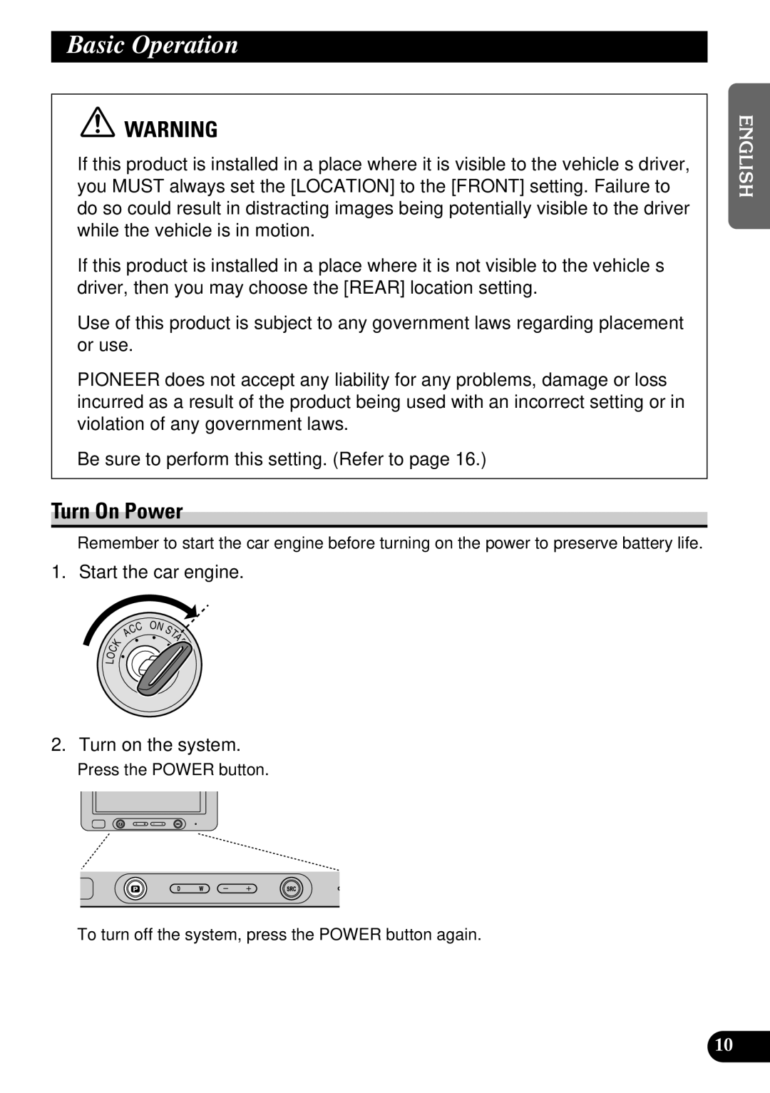 Pioneer AVD-W6200 owner manual Basic Operation, Turn On Power 