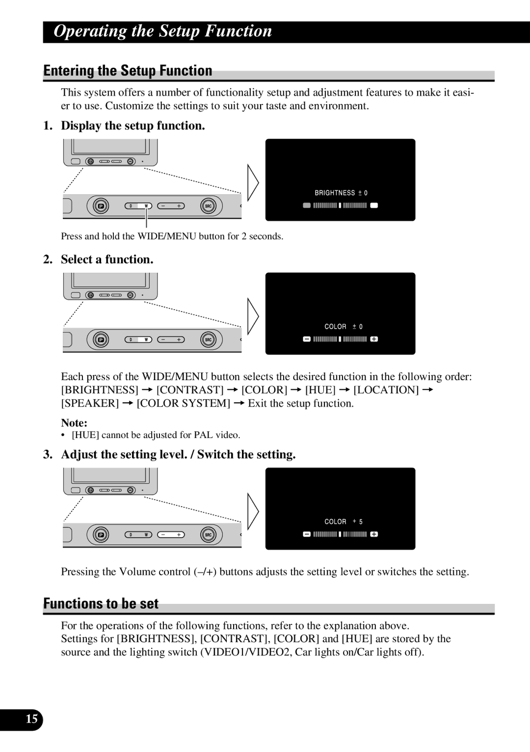 Pioneer AVD-W6200 owner manual Entering the Setup Function, Functions to be set 