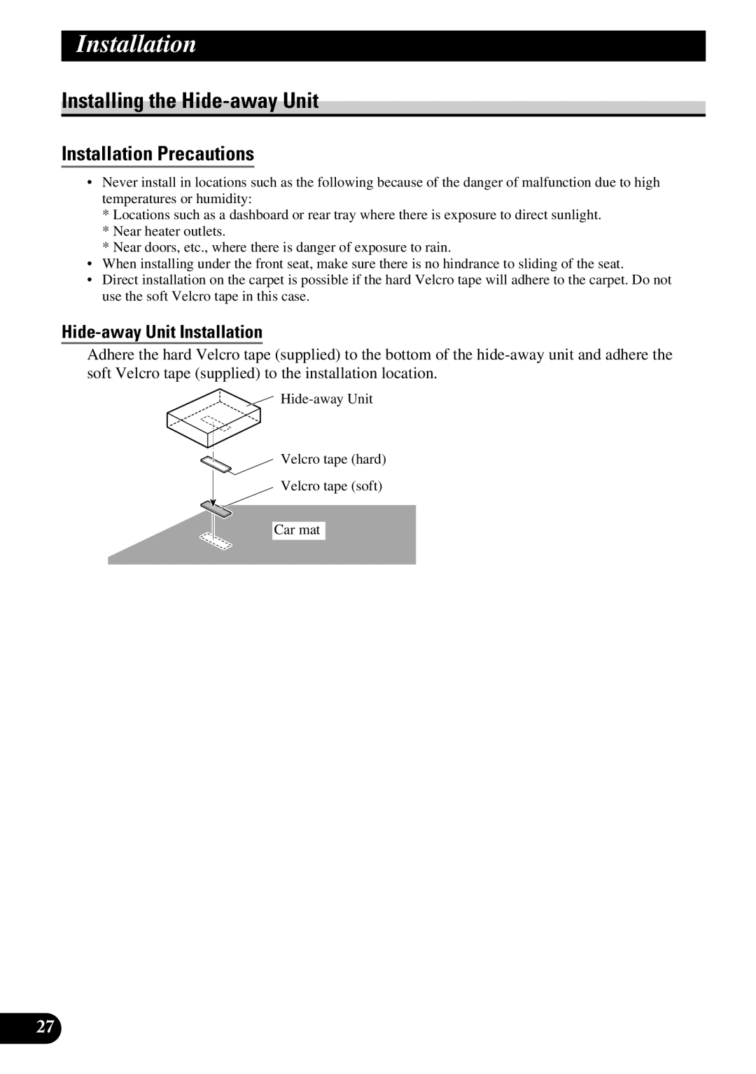 Pioneer AVD-W6200 owner manual Installing the Hide-away Unit, Hide-away Unit Installation 