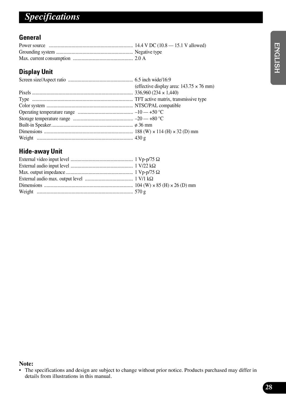 Pioneer AVD-W6200 owner manual Specifications, General 