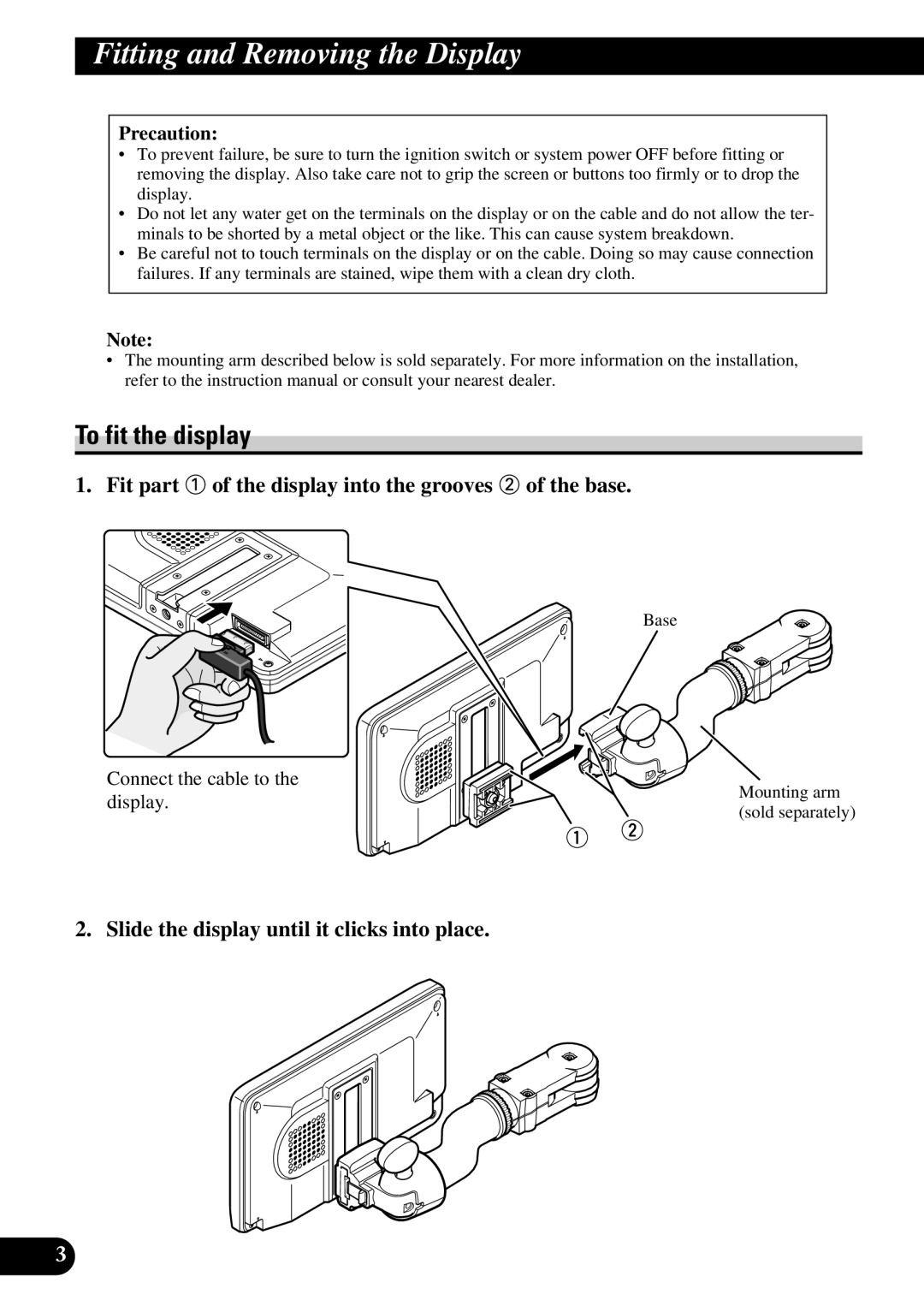 Pioneer AVD-W6200 owner manual Fitting and Removing the Display, To fit the display 